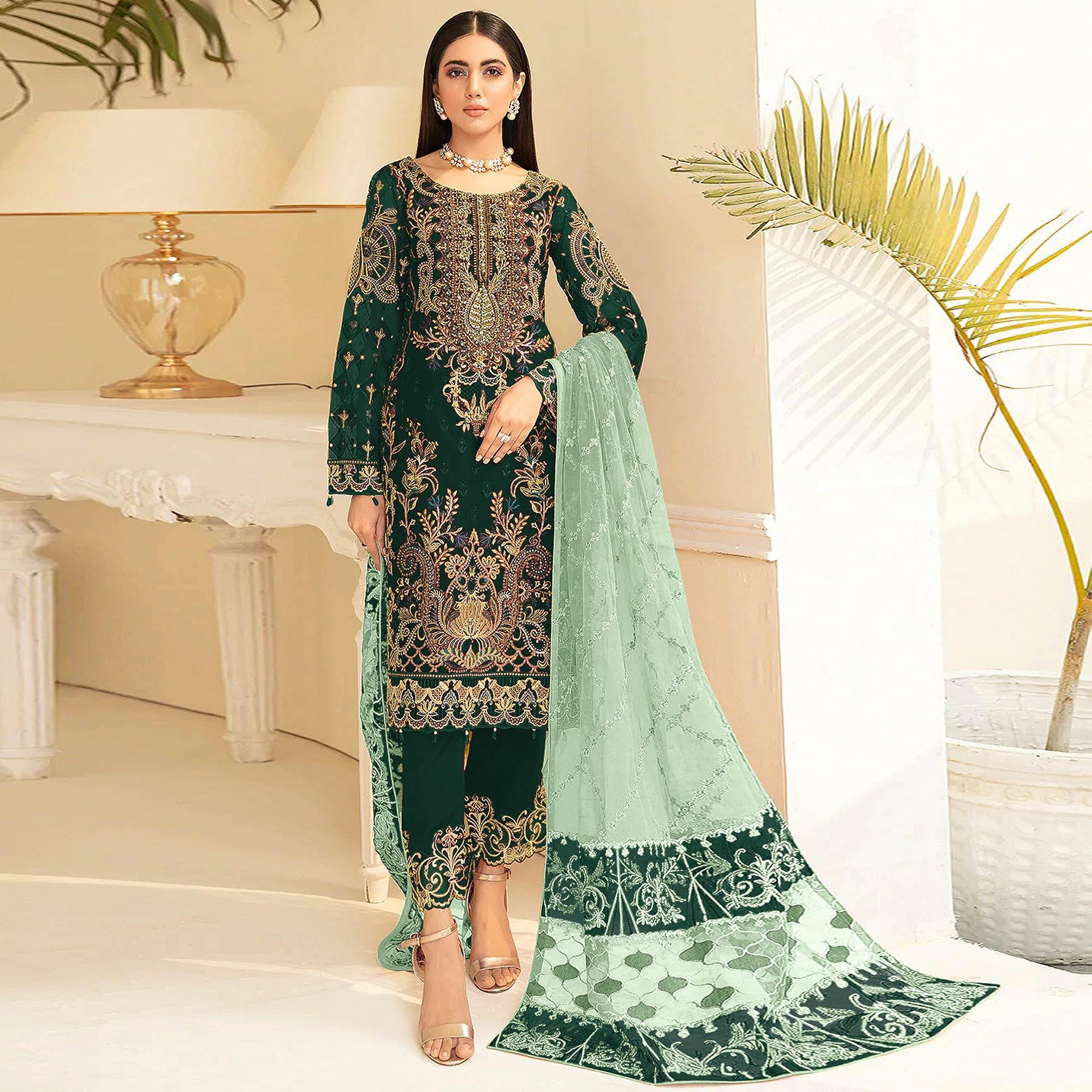 Green Embroidered Georgette Pakistani Suit - Peachmode