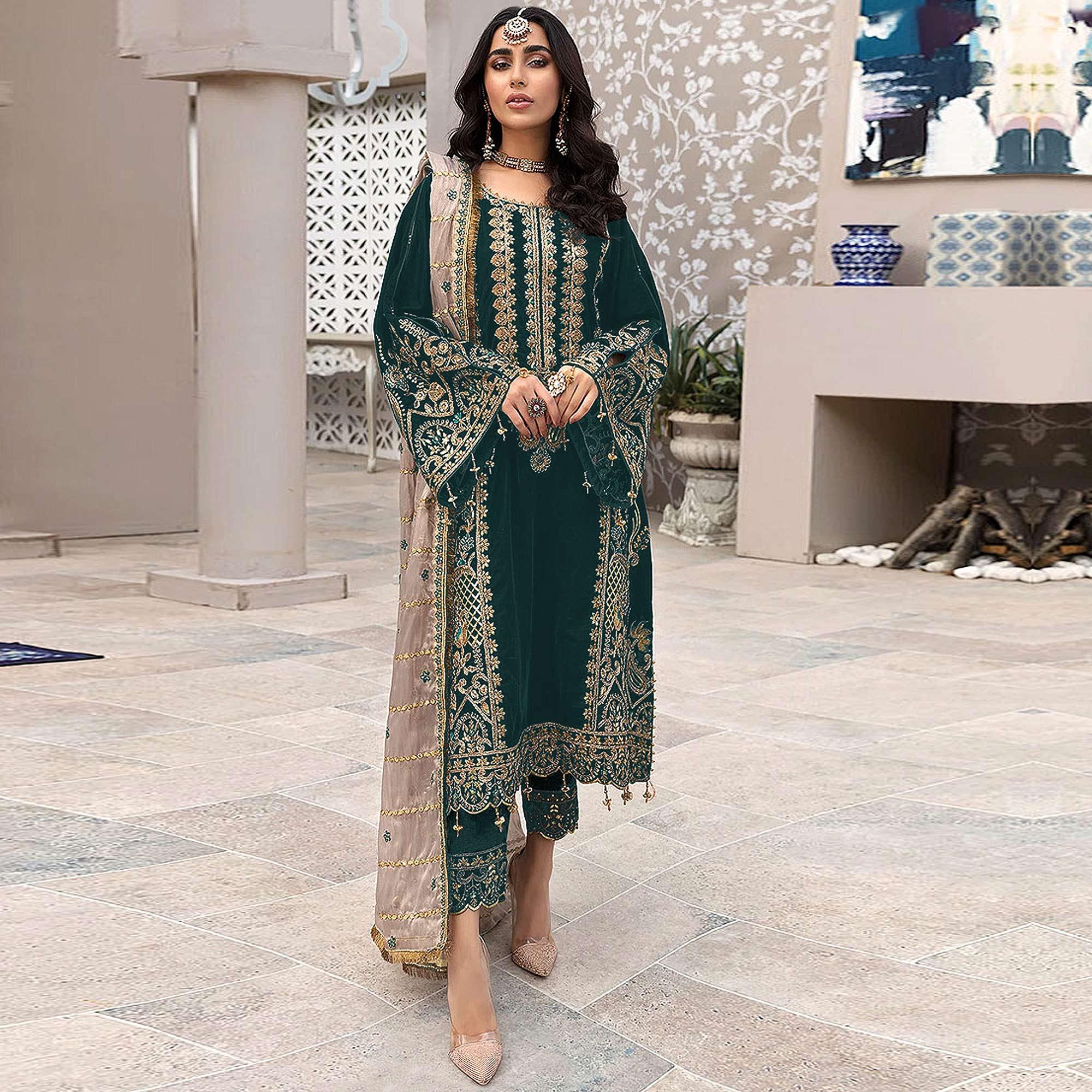 Green Embroidered Georgette Pakistani Suit - Peachmode