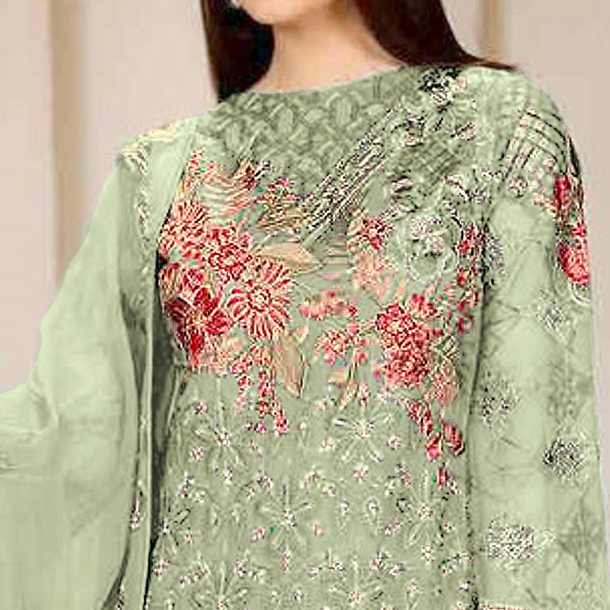 Green Embroidered Georgette Pakistani Suit - Peachmode