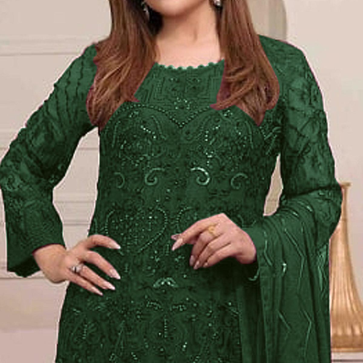 Green Embroidered Georgette Pakistani Suit - Peachmode