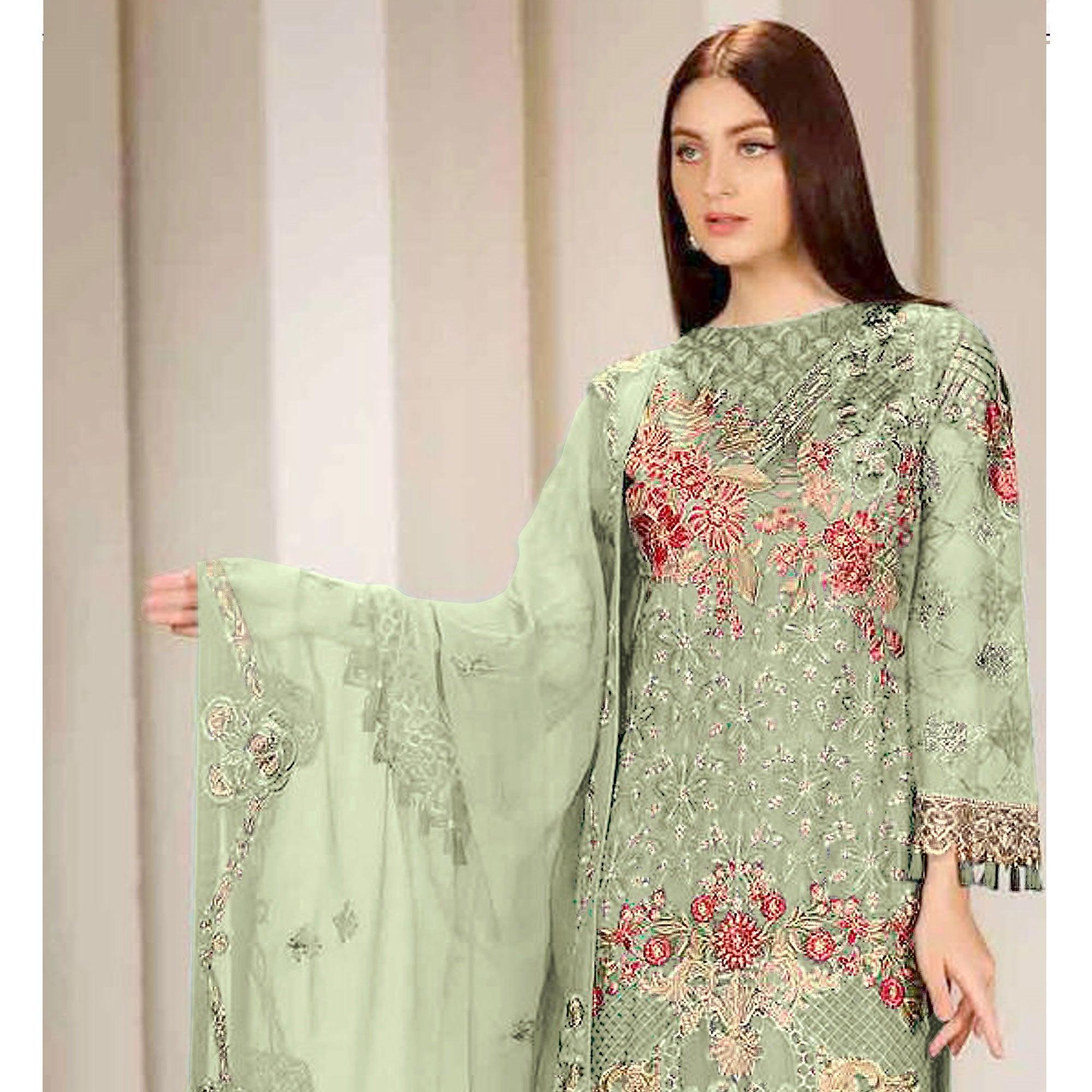 Green Embroidered Georgette Pakistani Suit - Peachmode