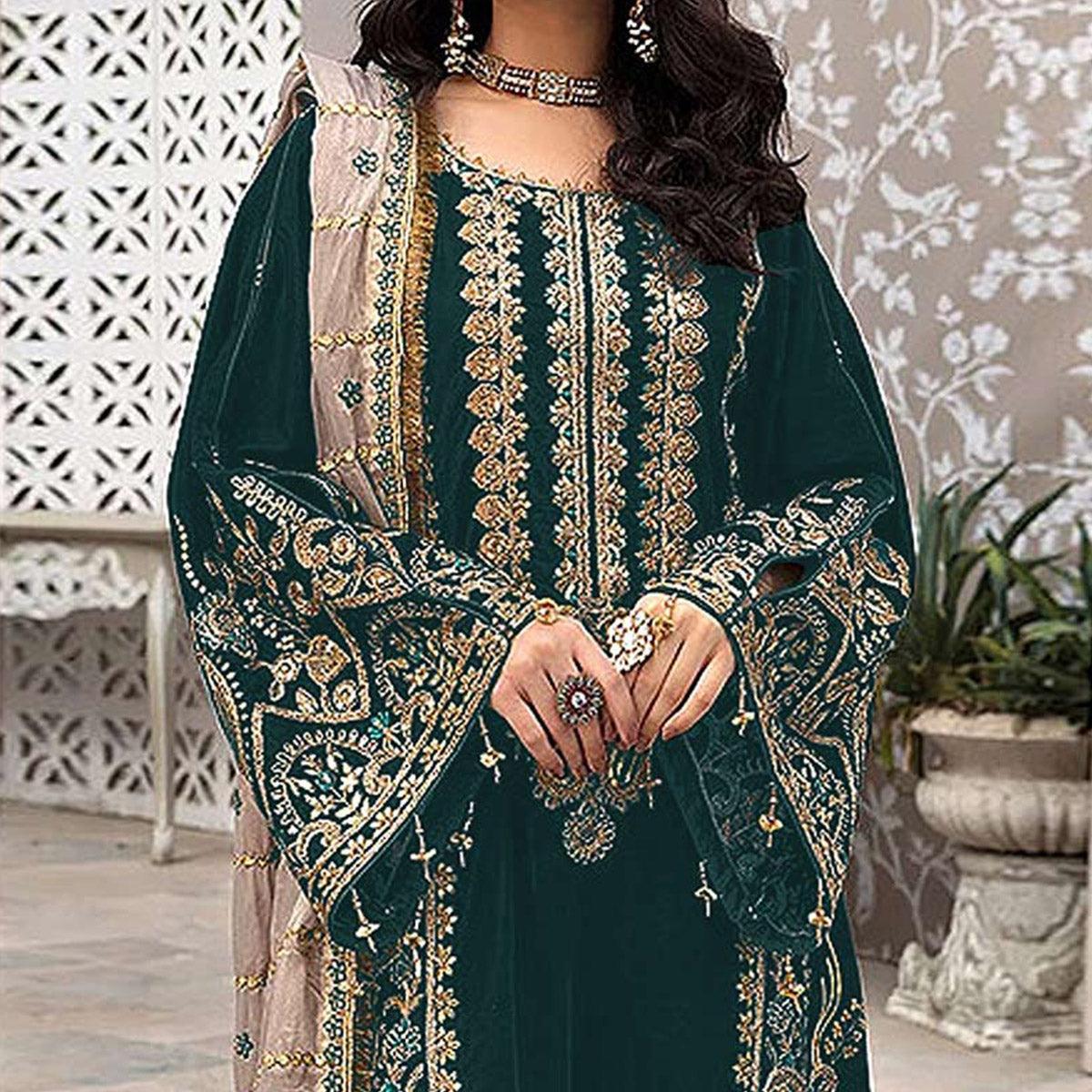 Green Embroidered Georgette Pakistani Suit - Peachmode