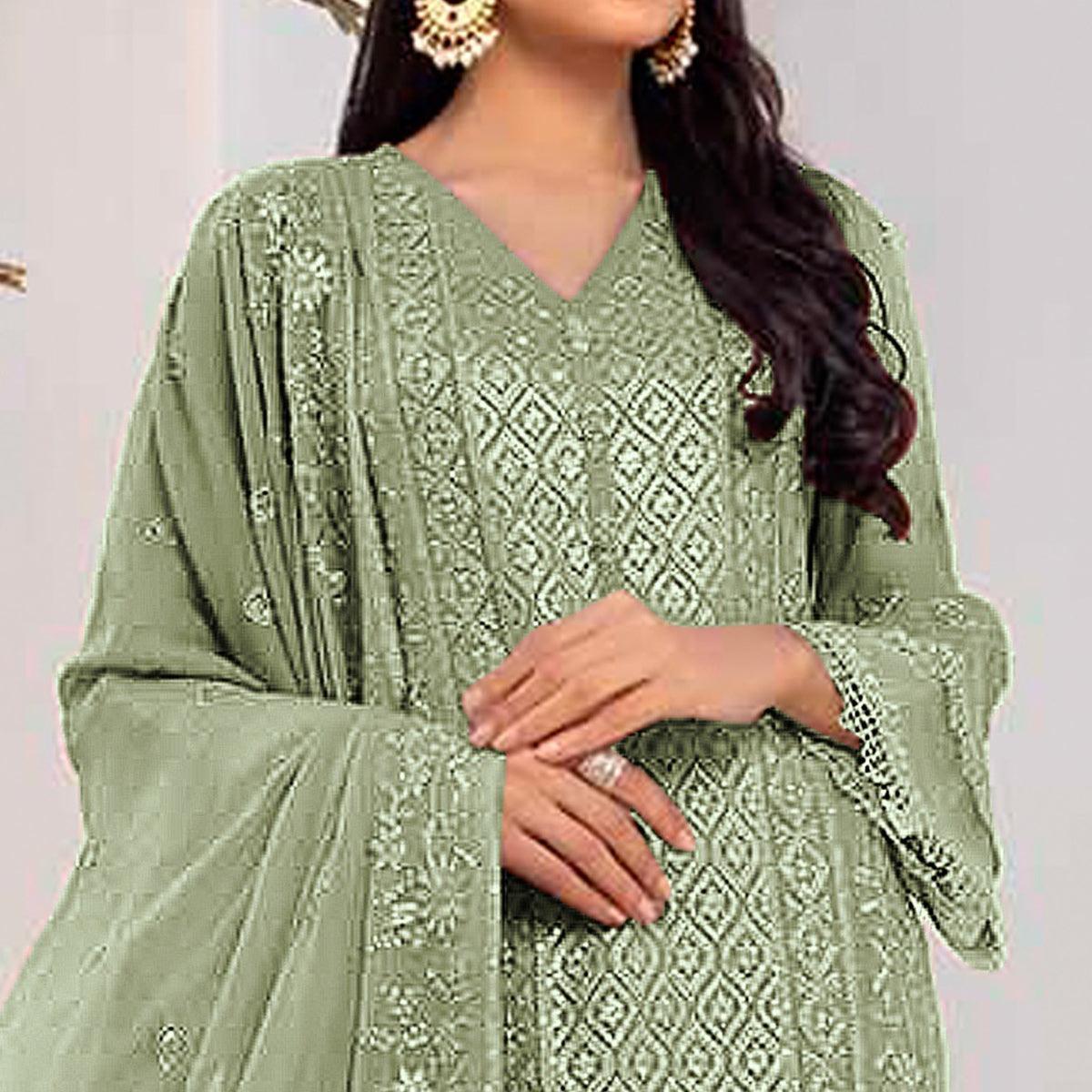 Green Embroidered Georgette Pakistani Suit - Peachmode