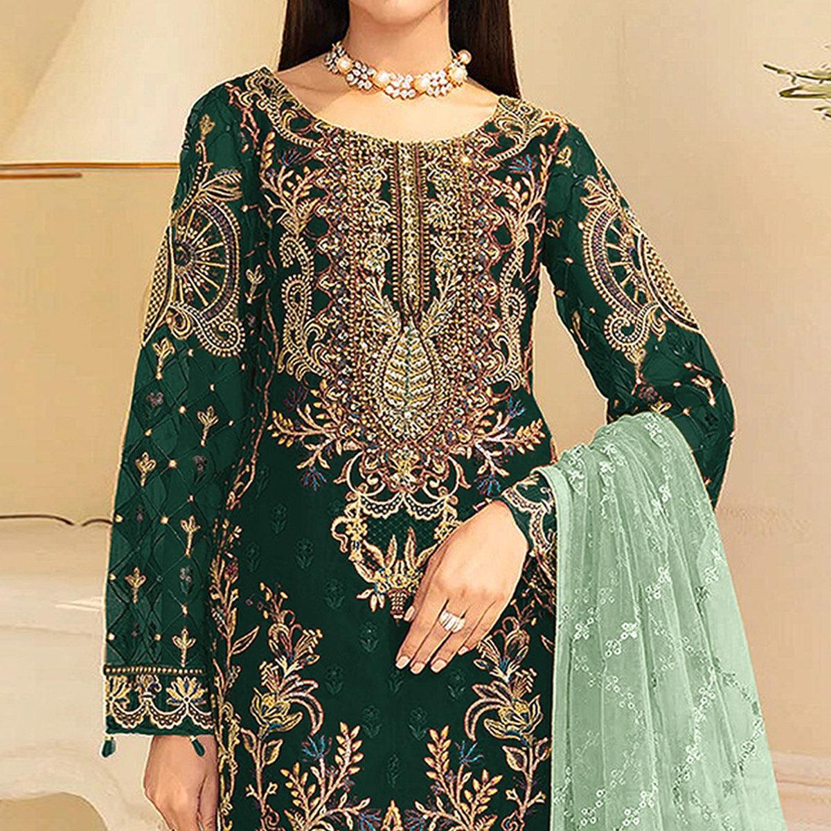 Green Embroidered Georgette Pakistani Suit - Peachmode
