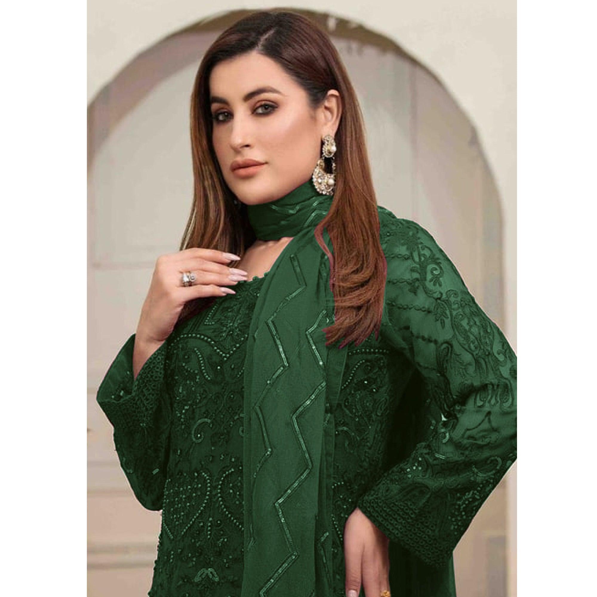 Green Embroidered Georgette Pakistani Suit - Peachmode