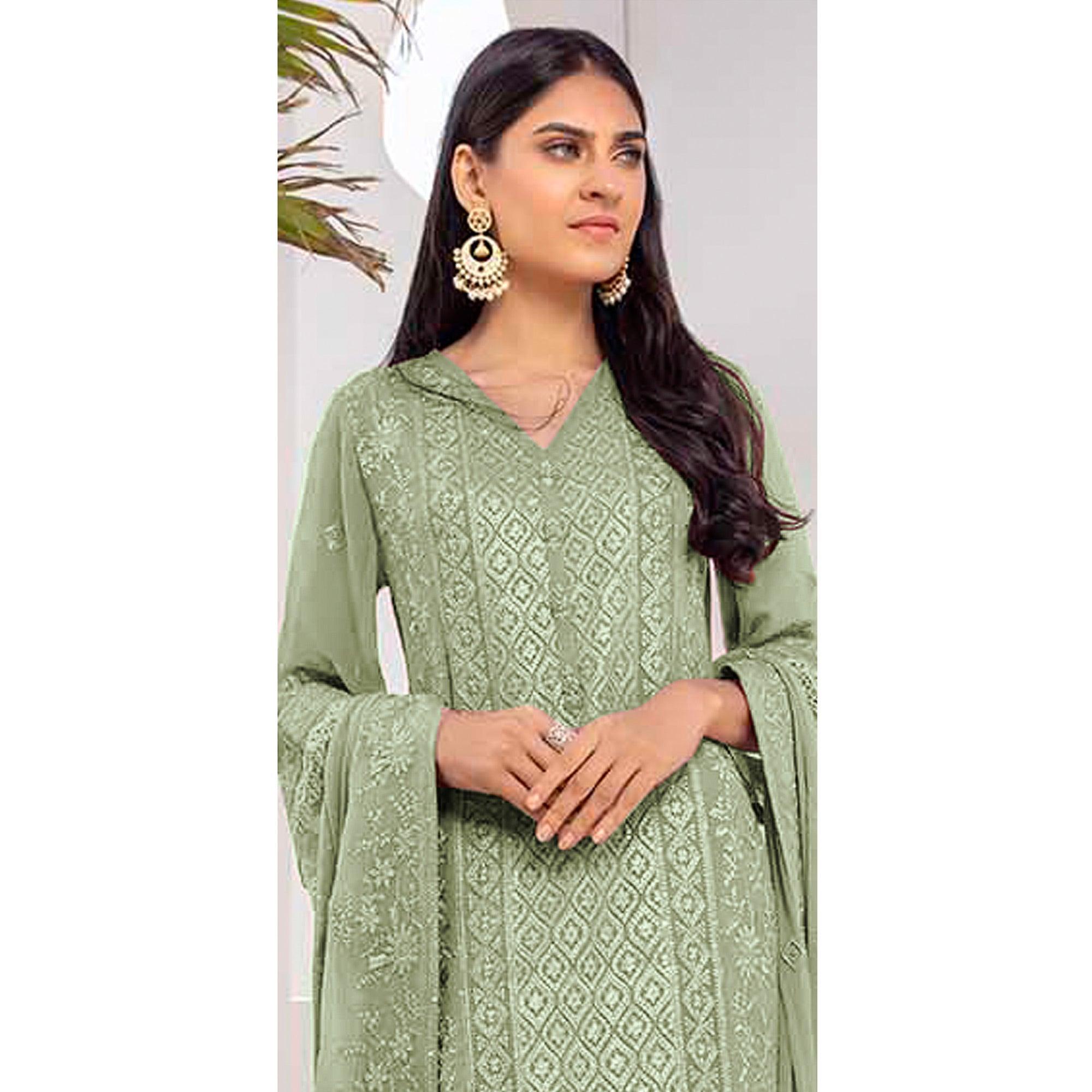 Green Embroidered Georgette Pakistani Suit - Peachmode