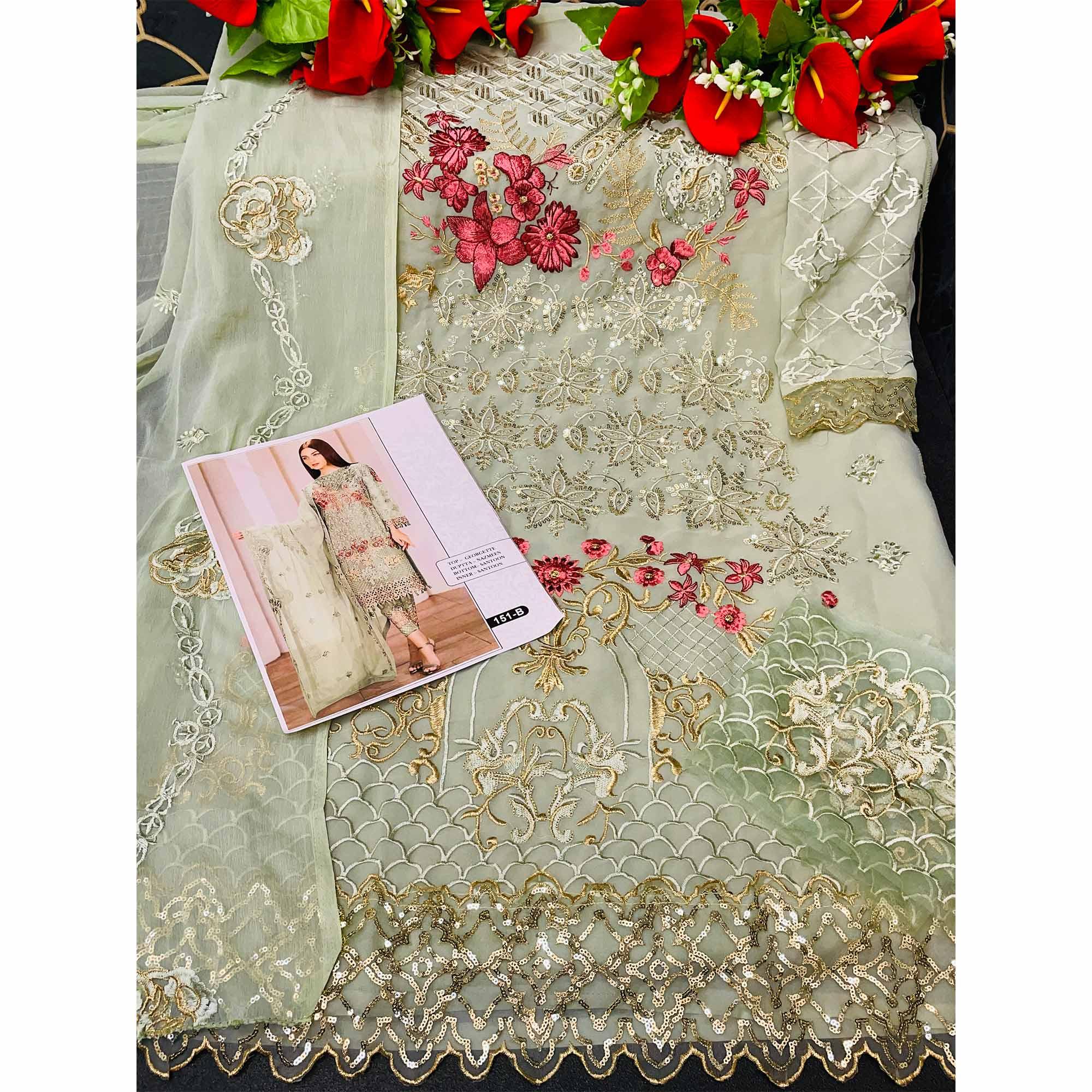 Green Embroidered Georgette Pakistani Suit - Peachmode