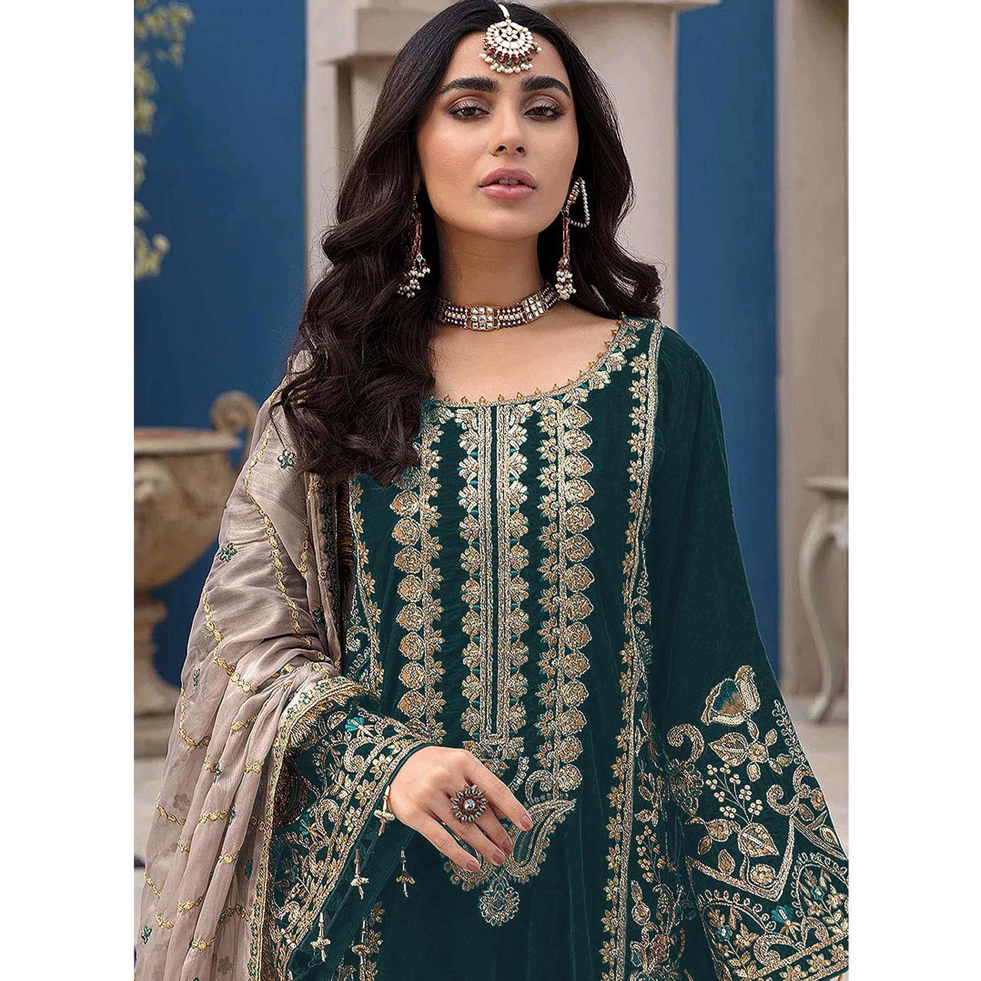 Green Embroidered Georgette Pakistani Suit - Peachmode