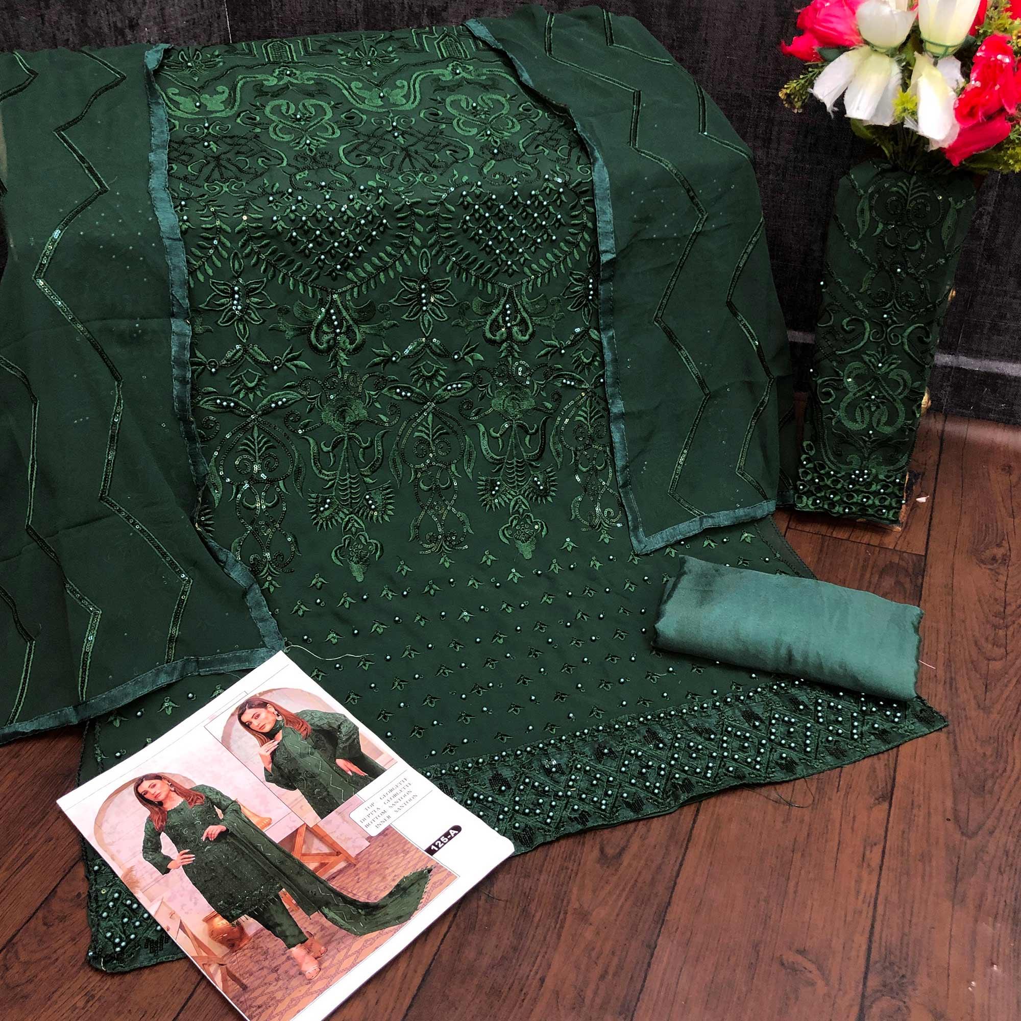 Green Embroidered Georgette Pakistani Suit - Peachmode
