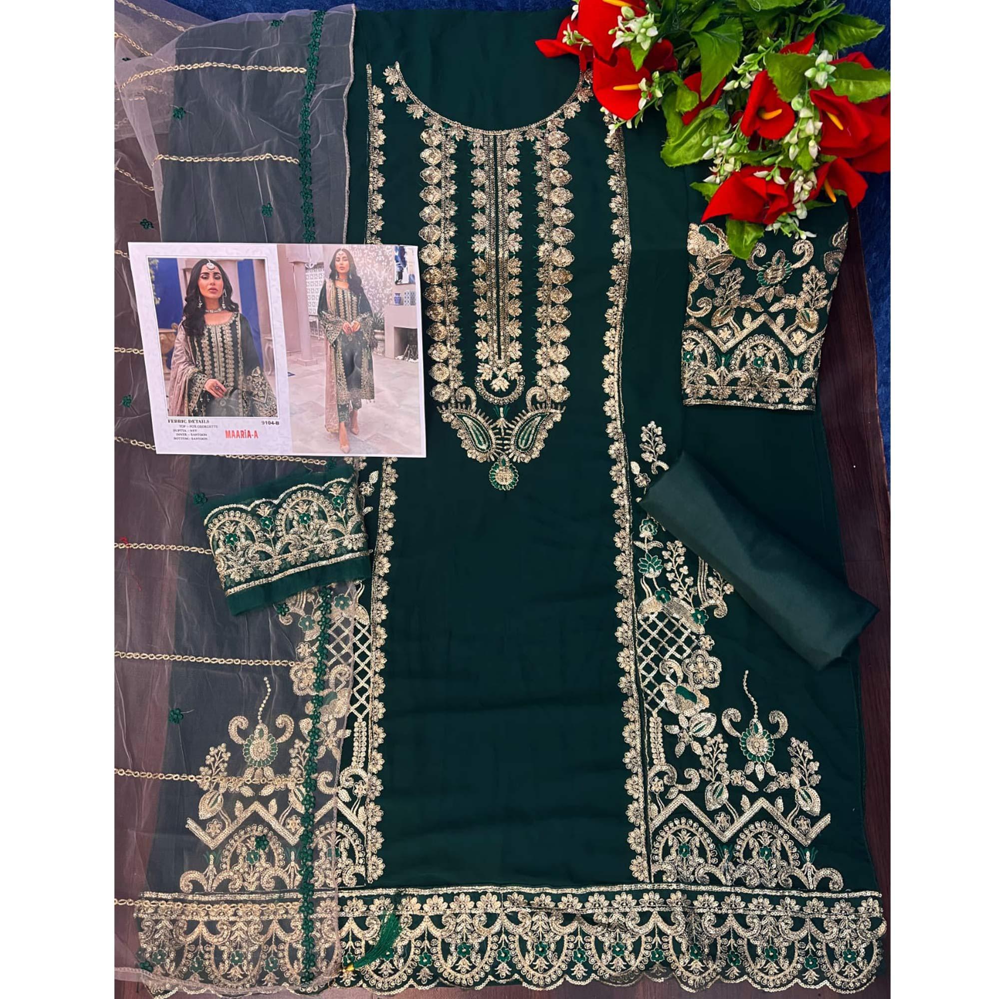 Green Embroidered Georgette Pakistani Suit - Peachmode