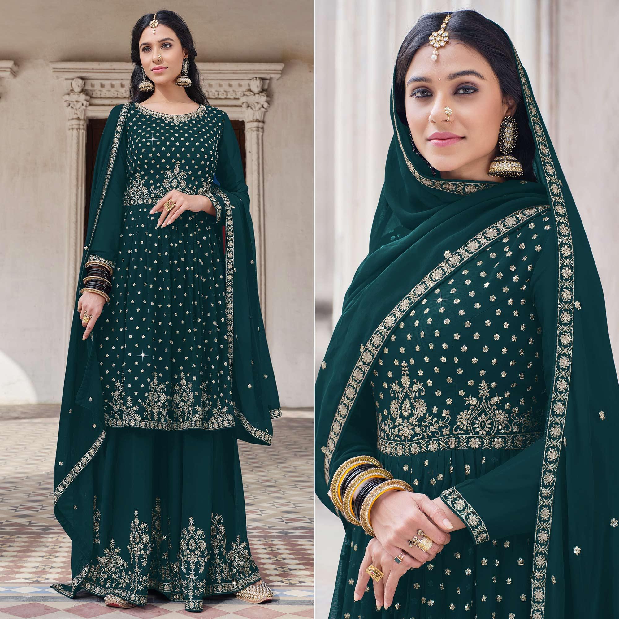 Green Embroidered Georgette Palazzo Suit - Peachmode