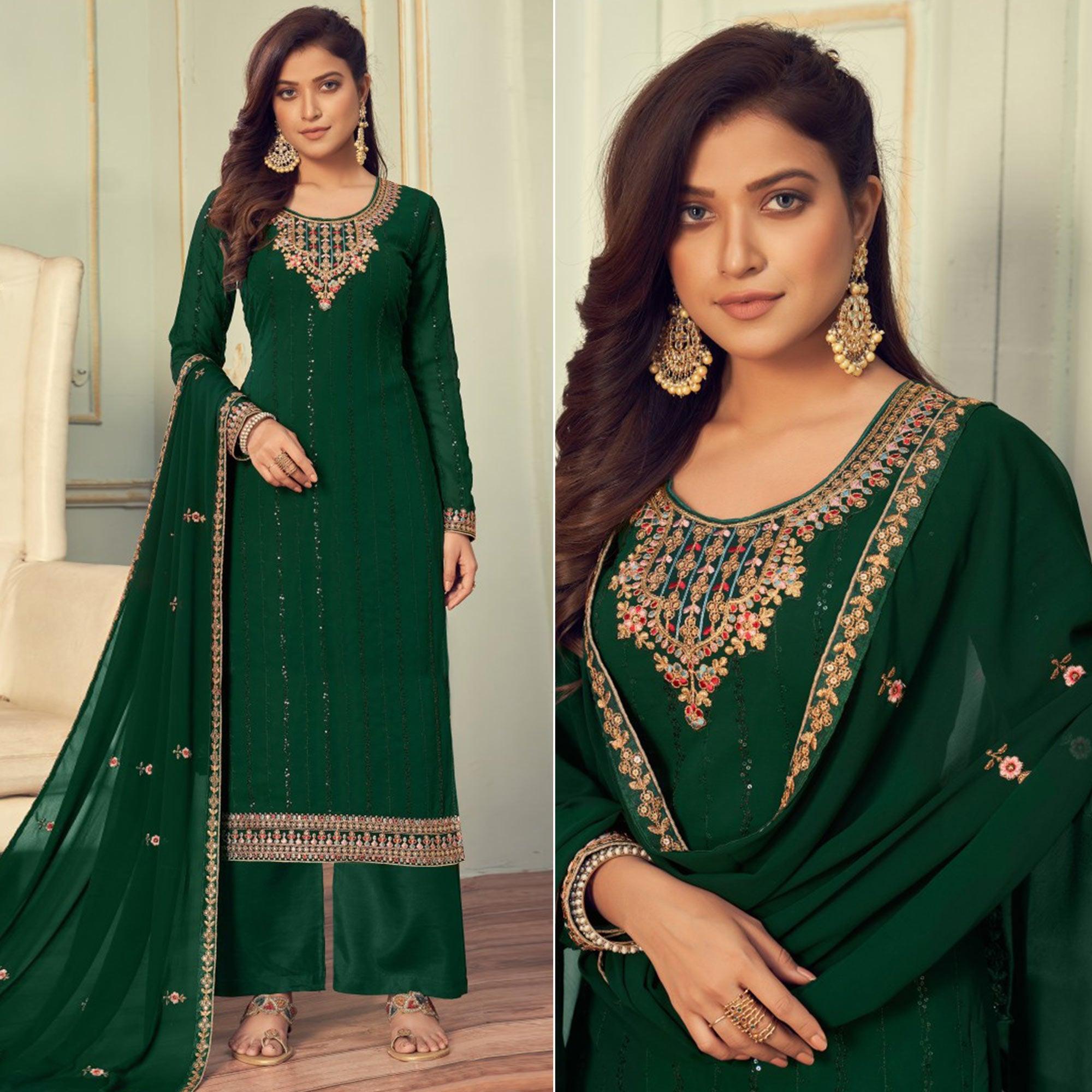 Green Embroidered Georgette Palazzo Suit - Peachmode