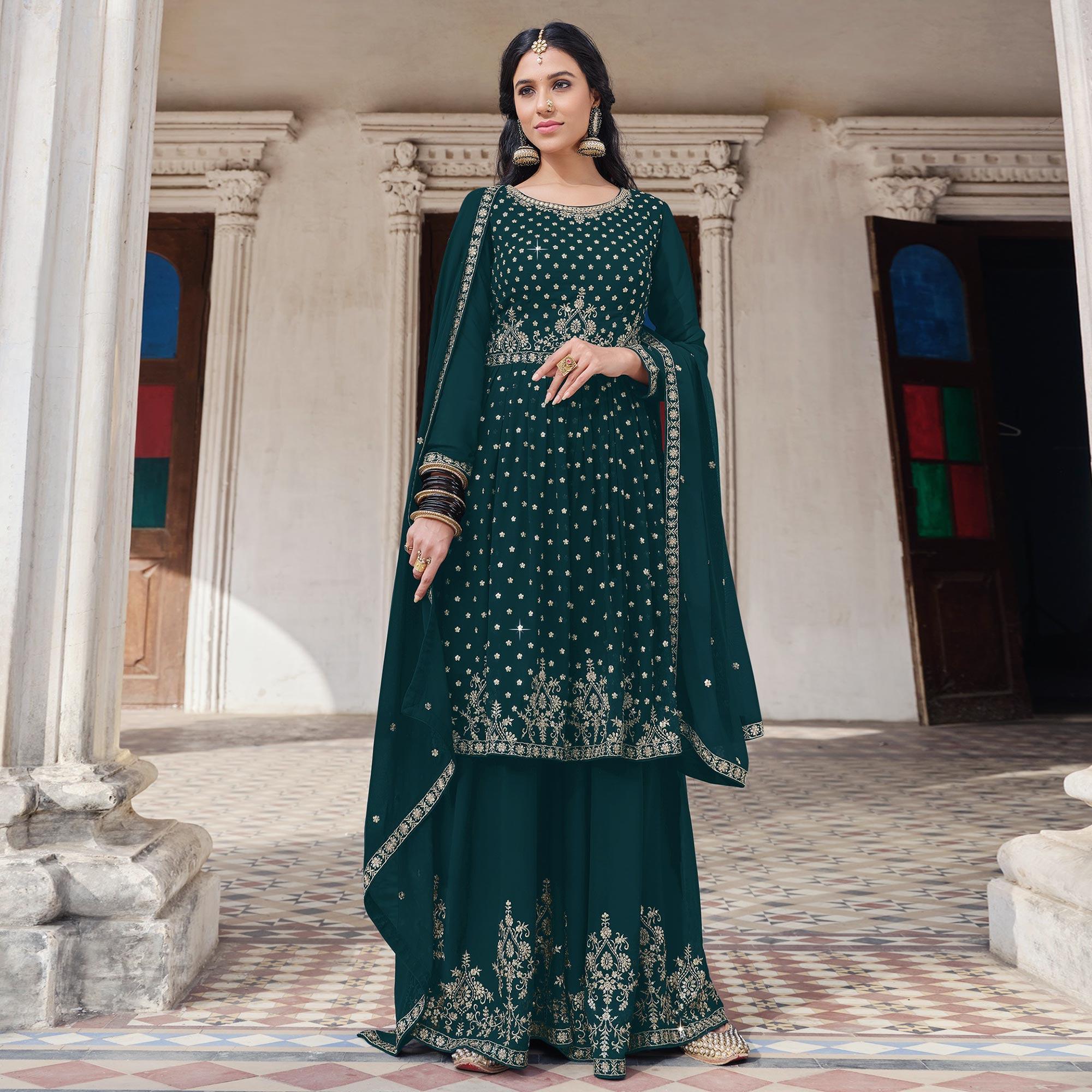 Green Embroidered Georgette Palazzo Suit - Peachmode