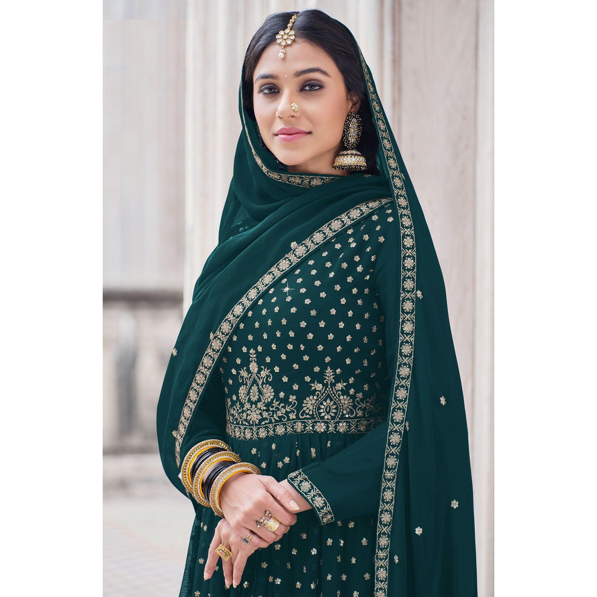 Green Embroidered Georgette Palazzo Suit - Peachmode