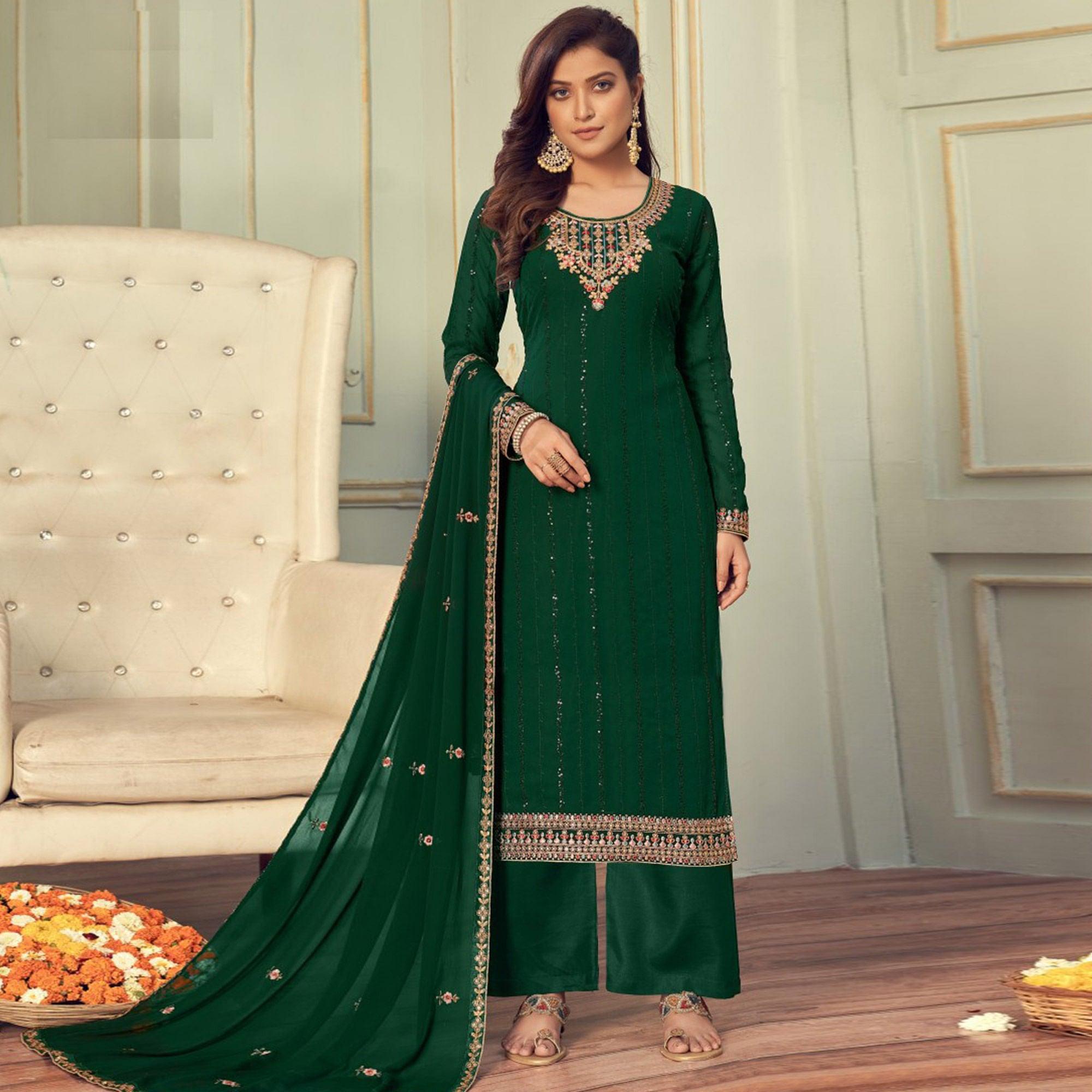 Green Embroidered Georgette Palazzo Suit - Peachmode