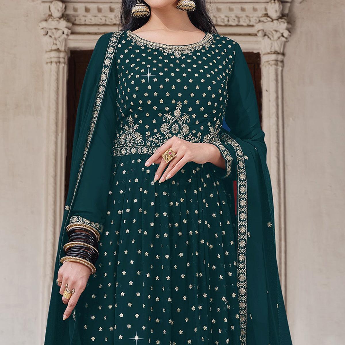 Green Embroidered Georgette Palazzo Suit - Peachmode