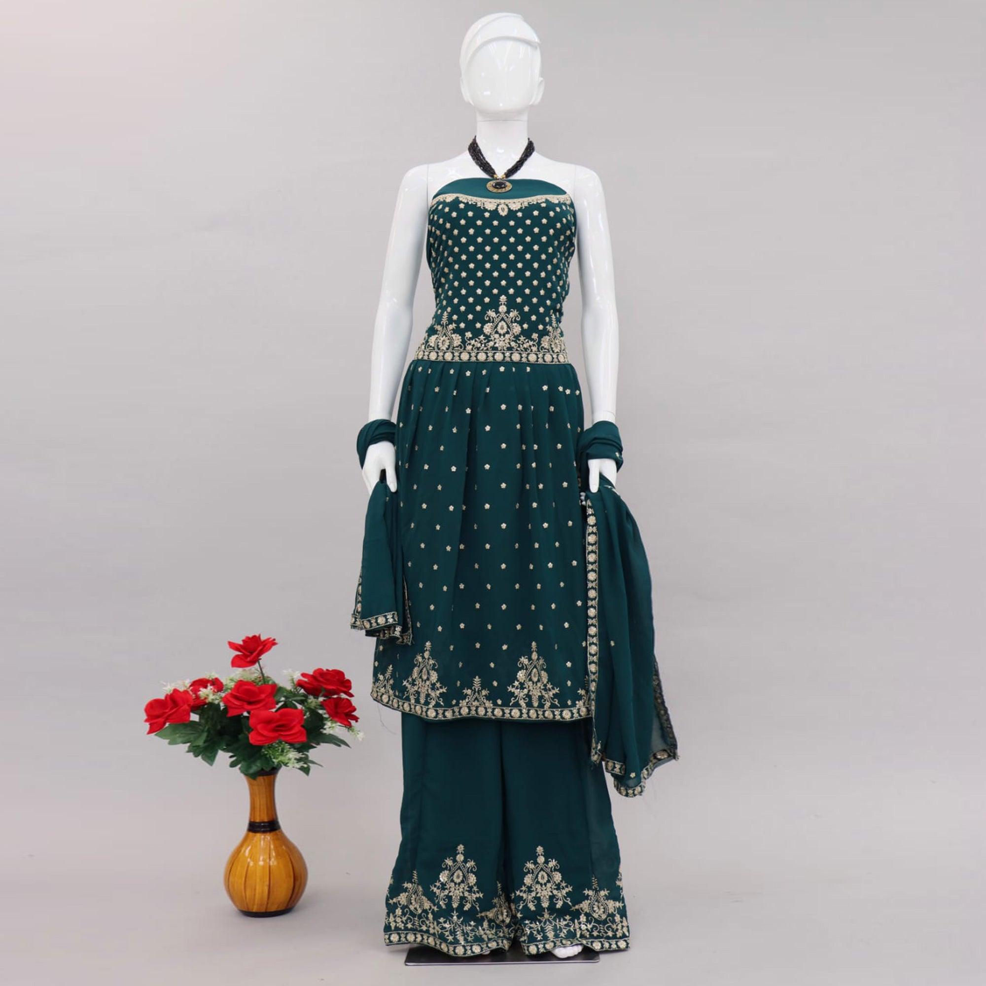 Green Embroidered Georgette Palazzo Suit - Peachmode