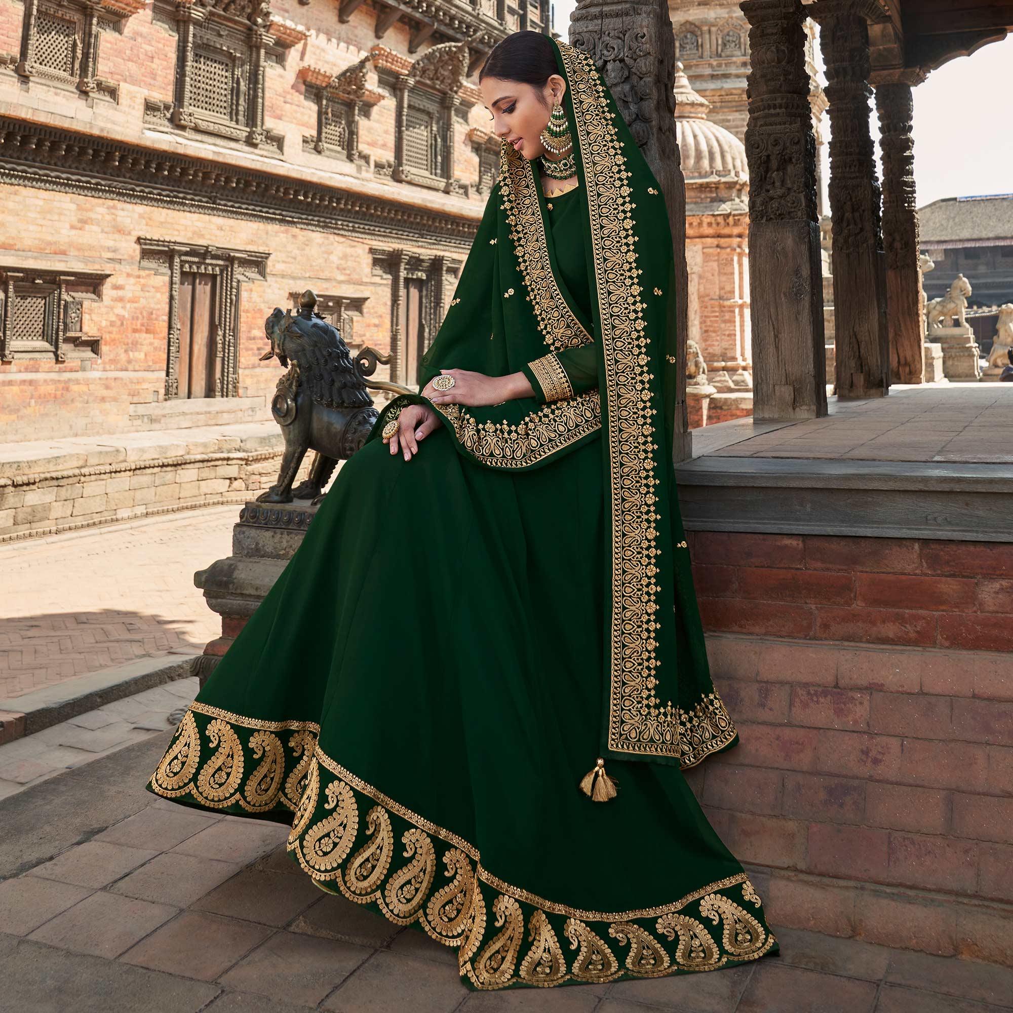 Green Embroidered Georgette Party Wear Gown - Peachmode