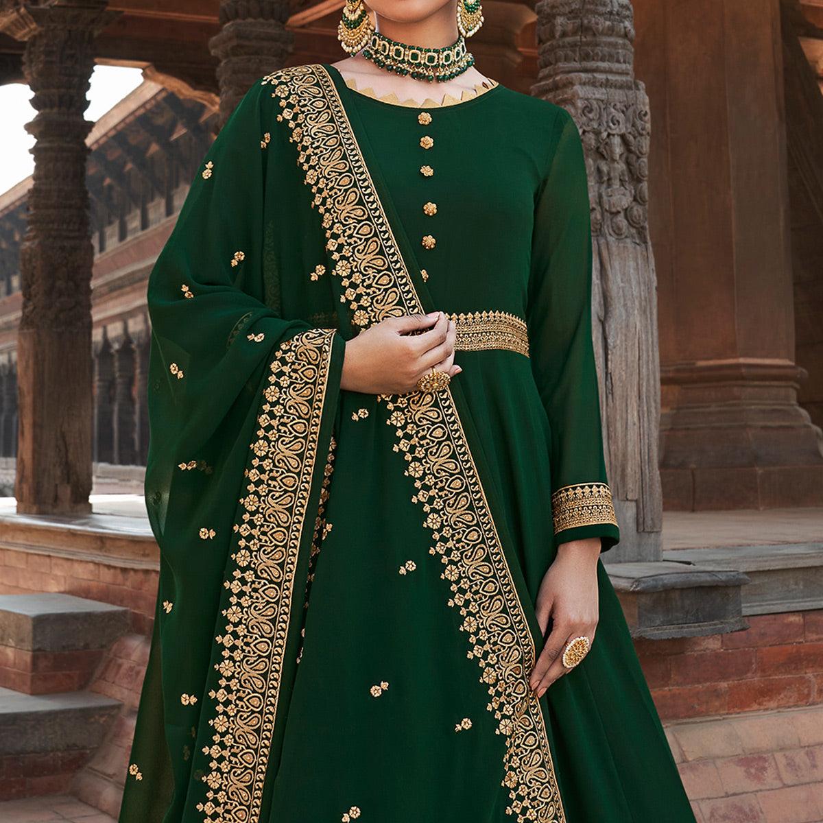 Green Embroidered Georgette Party Wear Gown - Peachmode