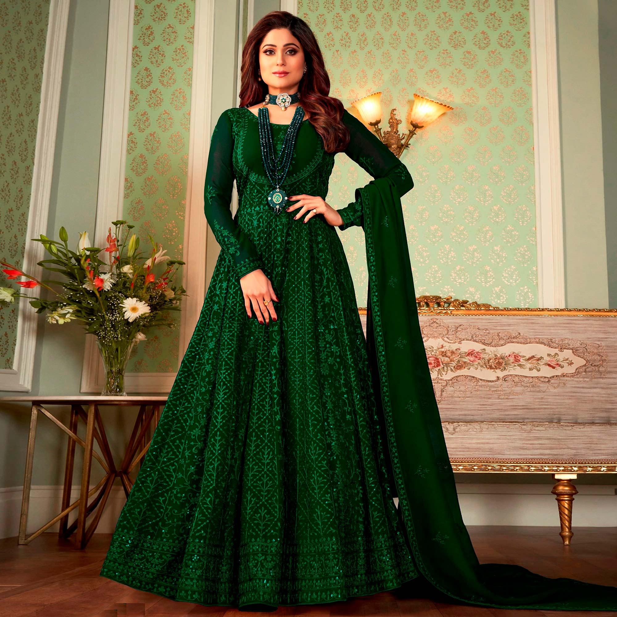 Green Embroidered Georgette Partywear Gown Green Embroidered Georgette Partywear Gown