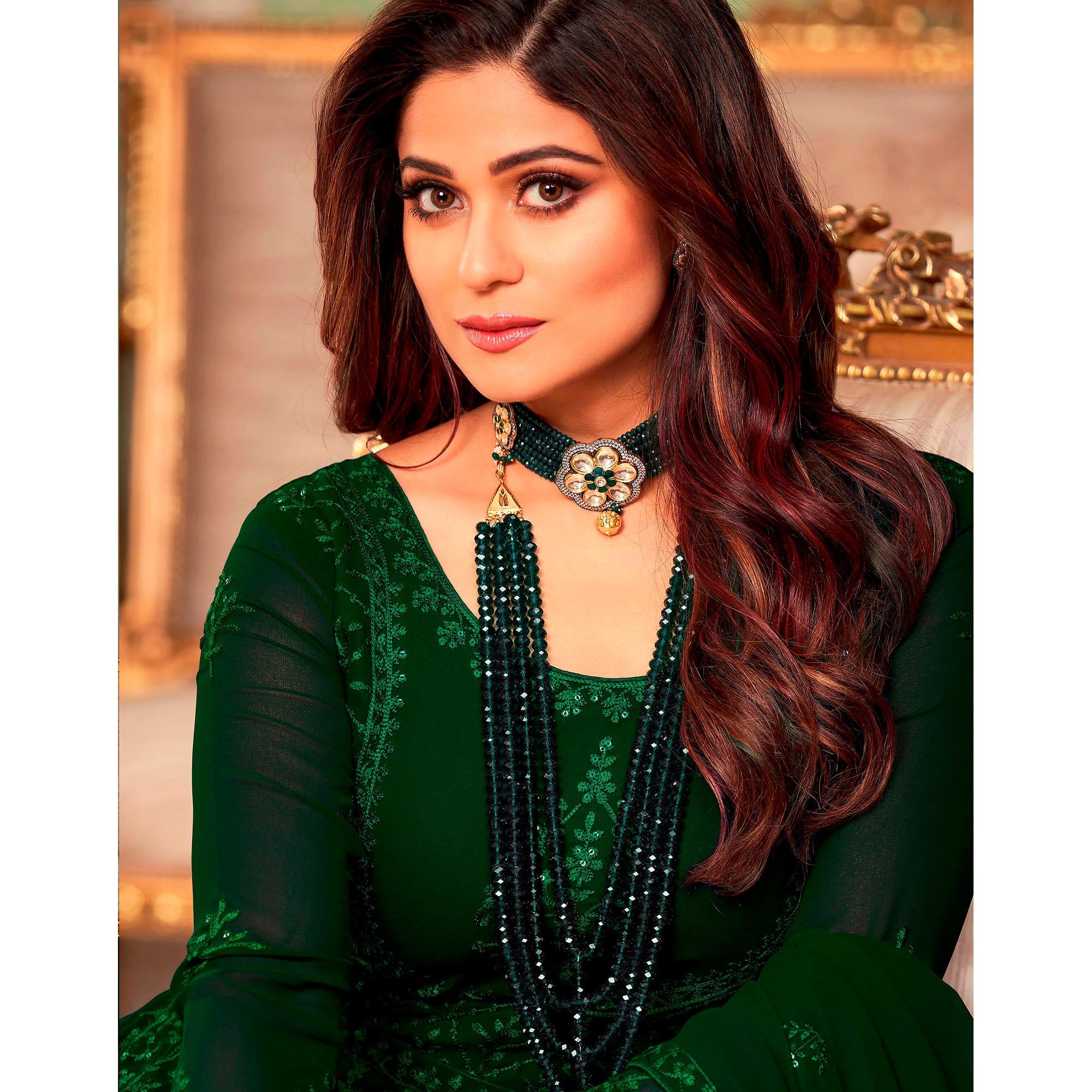 Green Embroidered Georgette Partywear Gown - Peachmode