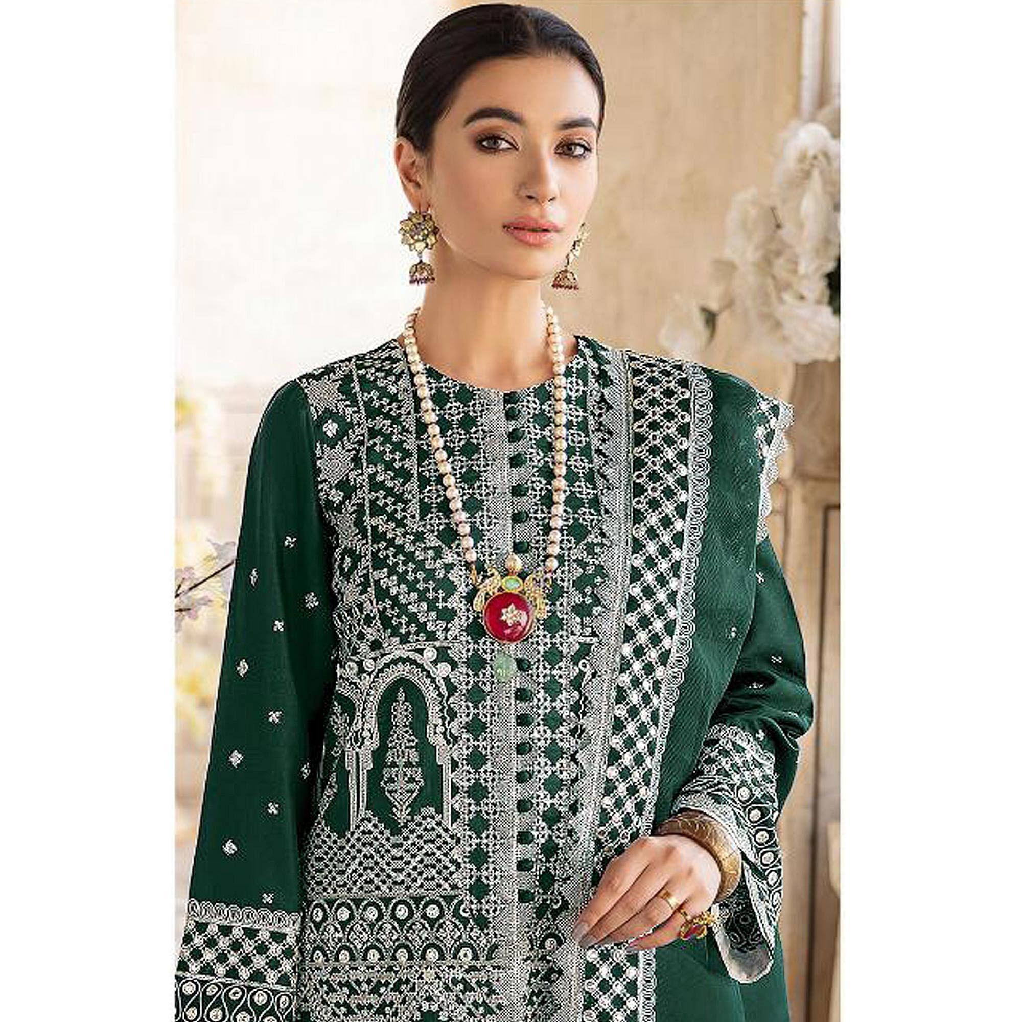 Green Embroidered Georgette Partywear Pakistani Suit - Peachmode
