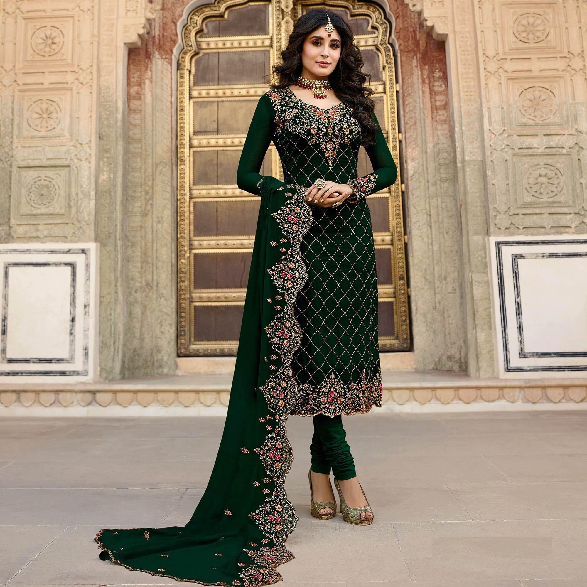 Green Embroidered Georgette Partywear Suit - Peachmode