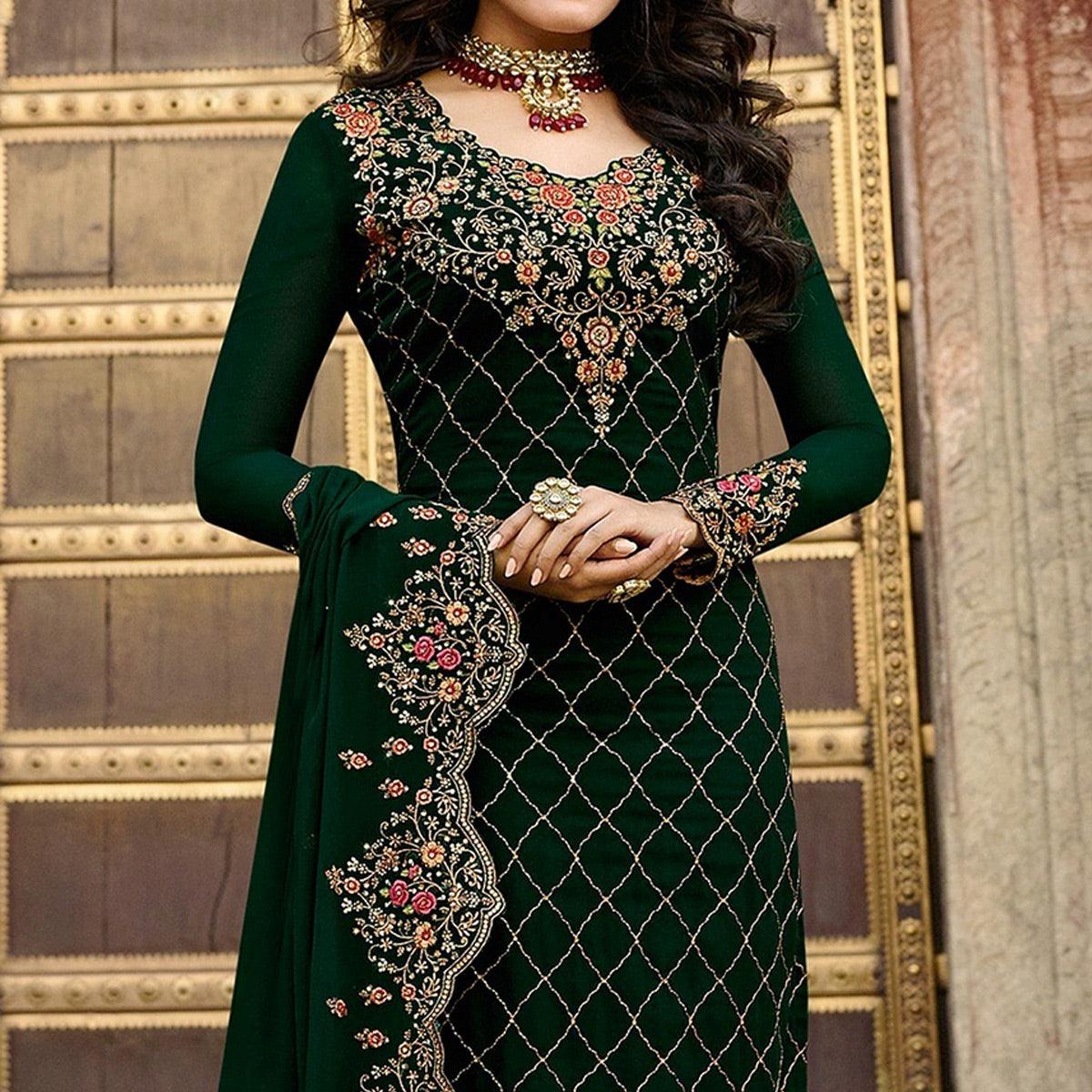 Green Embroidered Georgette Partywear Suit - Peachmode