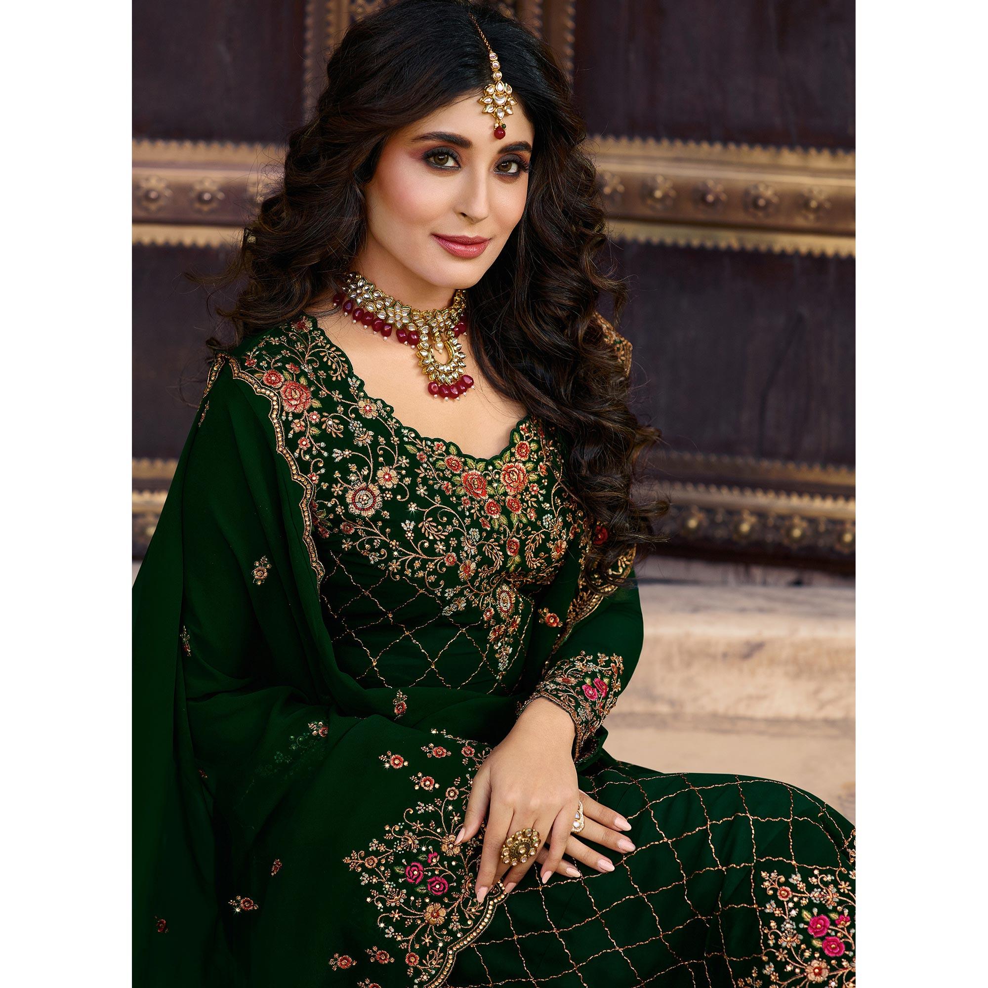 Green Embroidered Georgette Partywear Suit - Peachmode