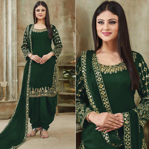 Green Embroidered Georgette Patiala Suit - Peachmode