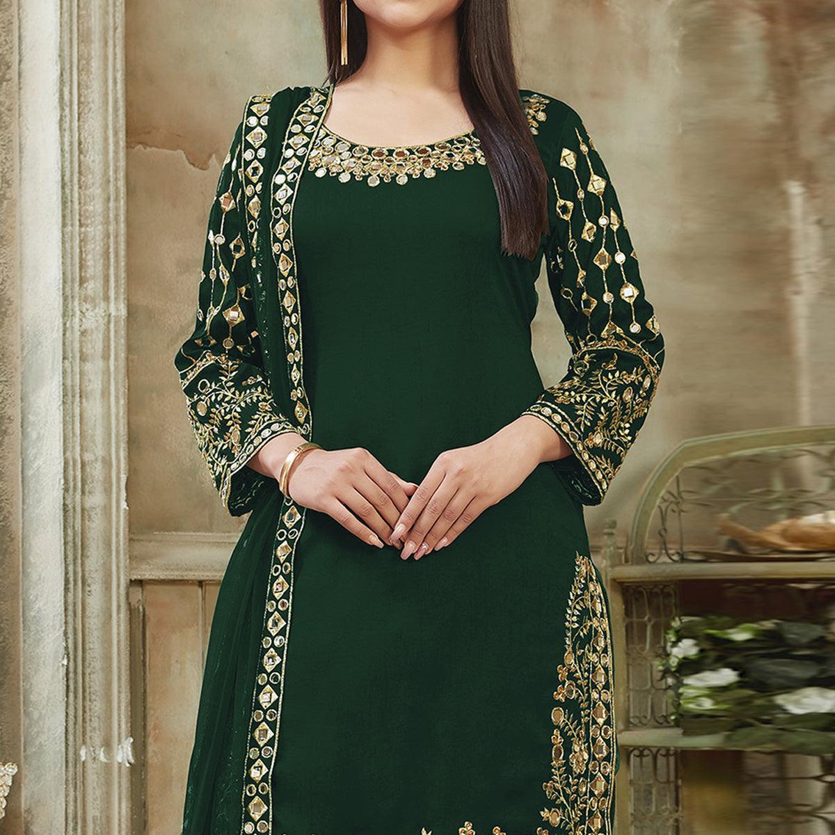 Green Embroidered Georgette Patiala Suit - Peachmode