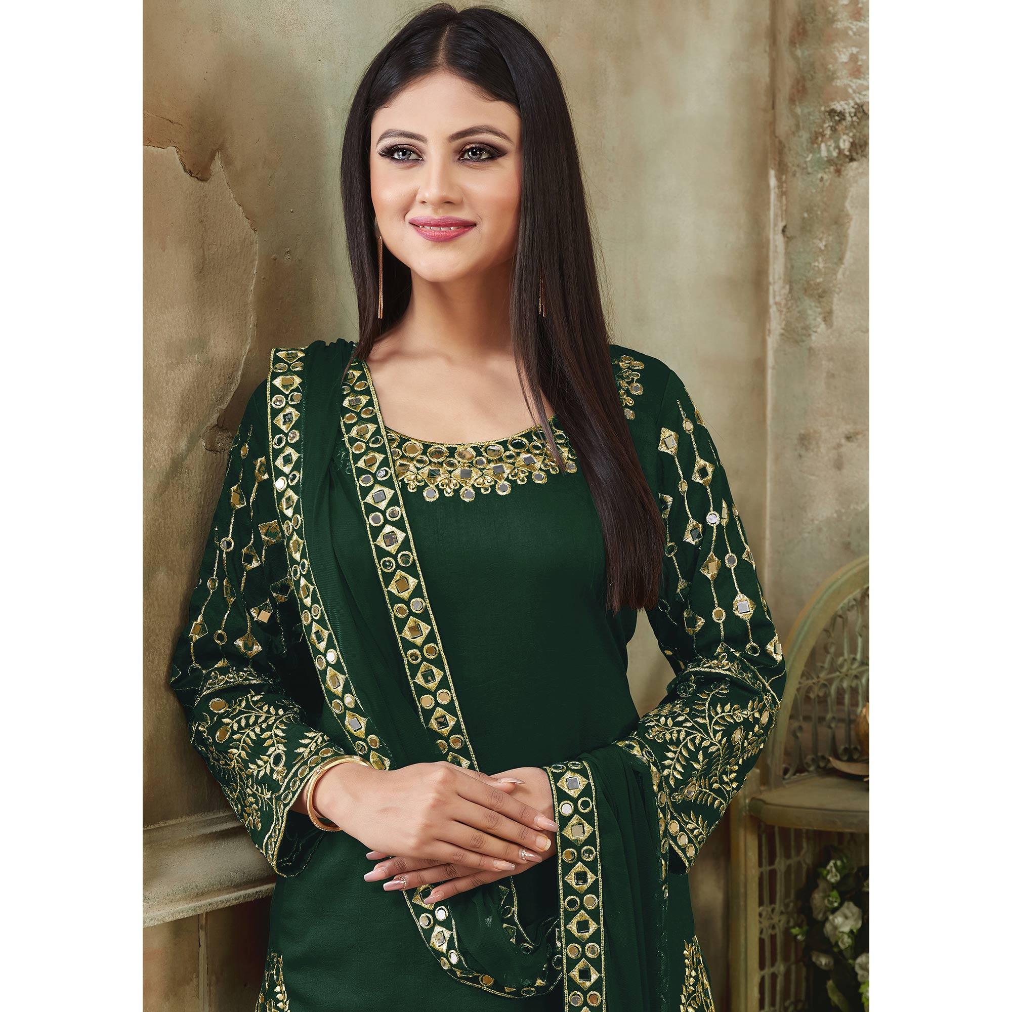Green Embroidered Georgette Patiala Suit - Peachmode