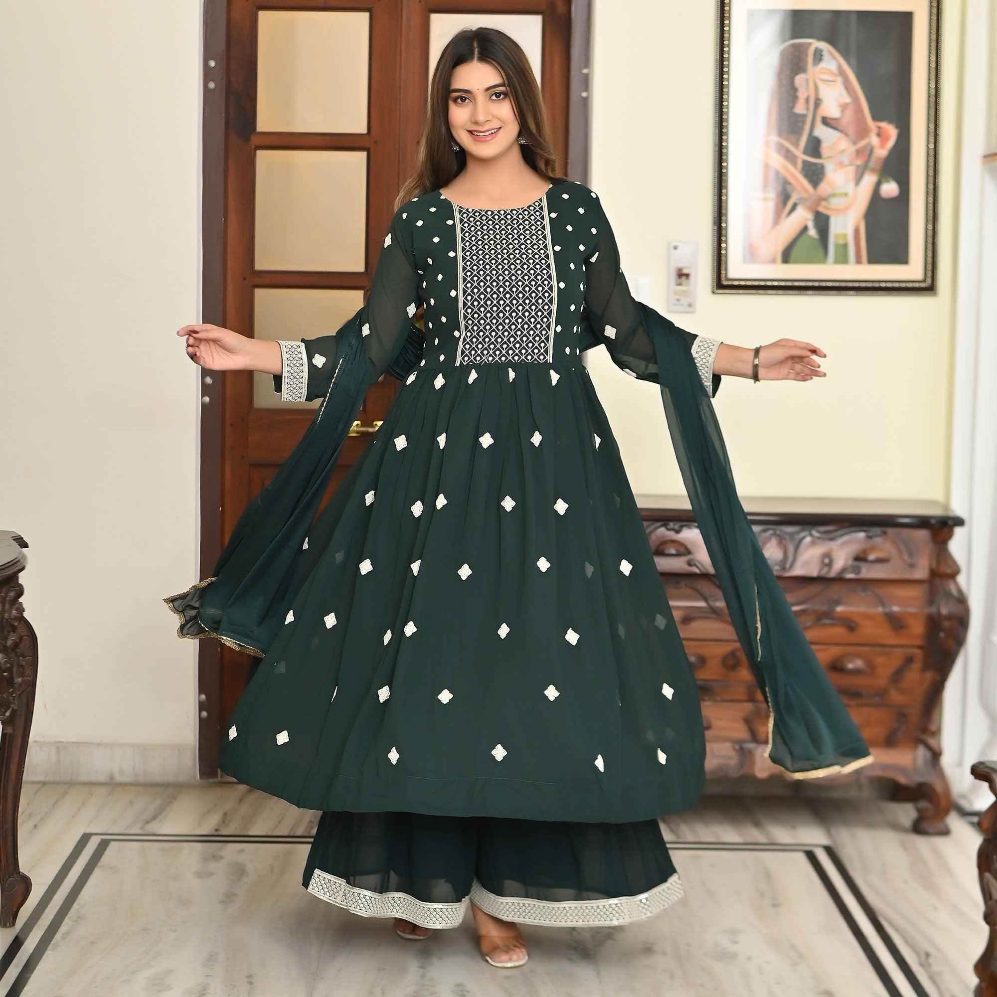 Green Embroidered Georgette Sharara Suit - Peachmode