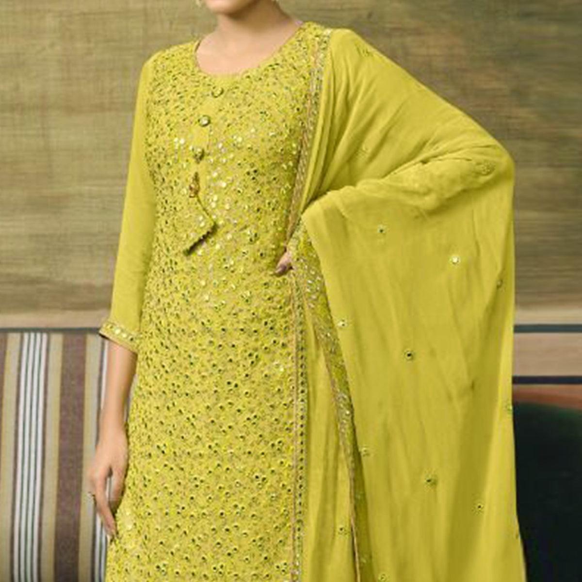 Green Embroidered Georgette Sharara Suit - Peachmode