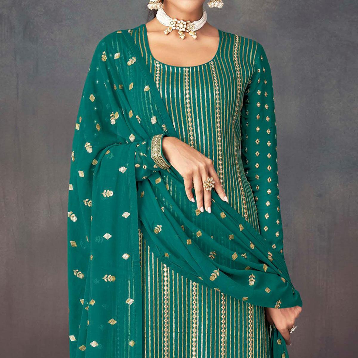 Green Embroidered Georgette Sharara Suit - Peachmode