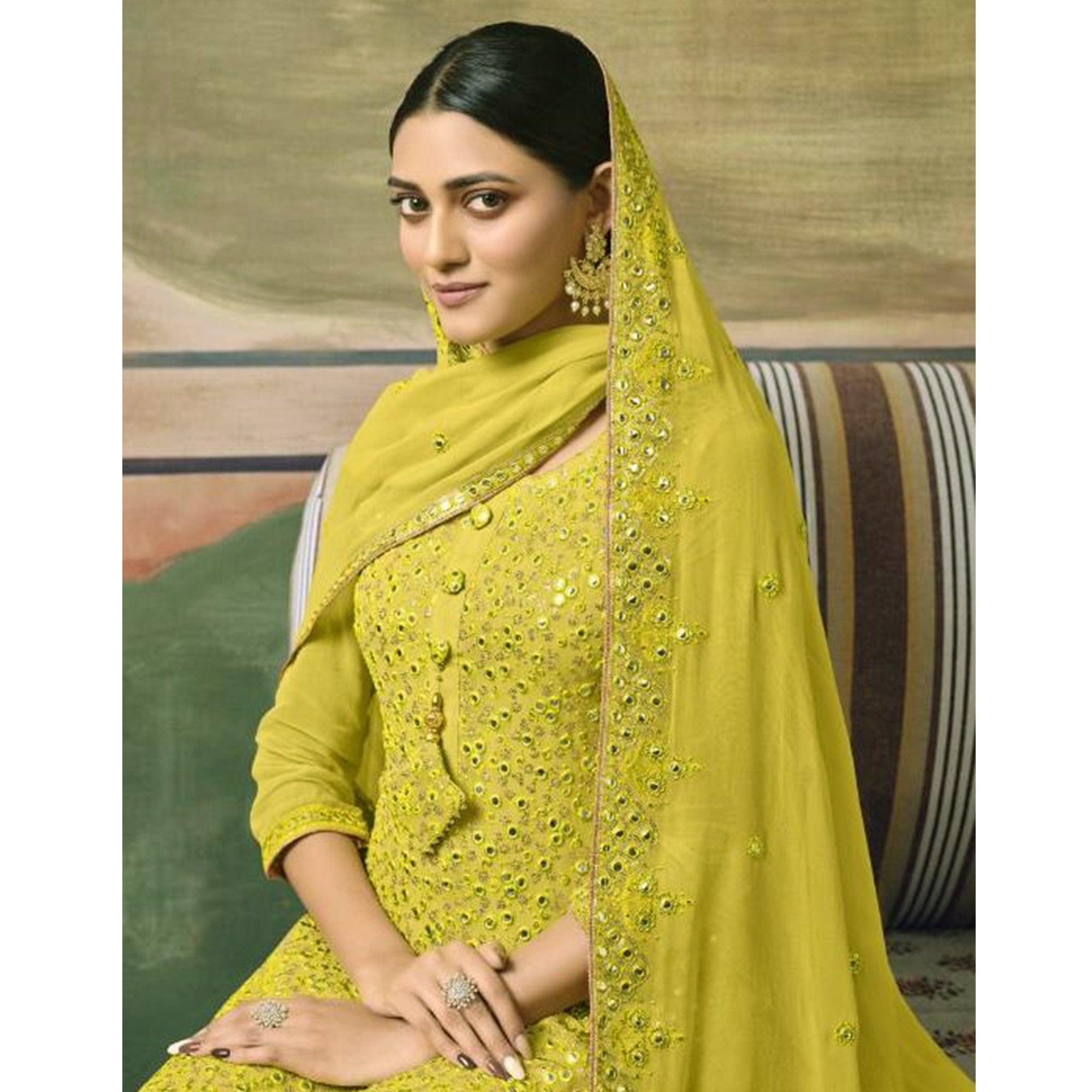 Green Embroidered Georgette Sharara Suit - Peachmode