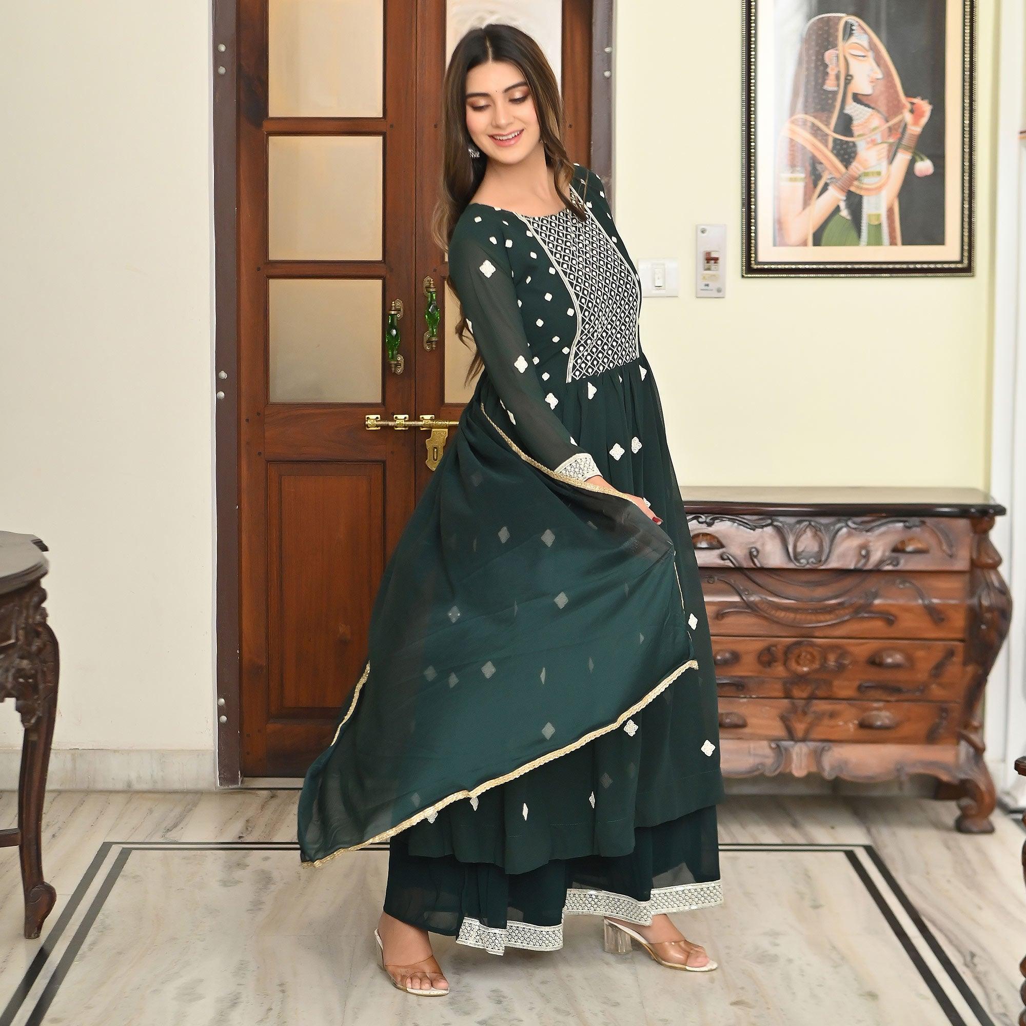 Green Embroidered Georgette Sharara Suit - Peachmode