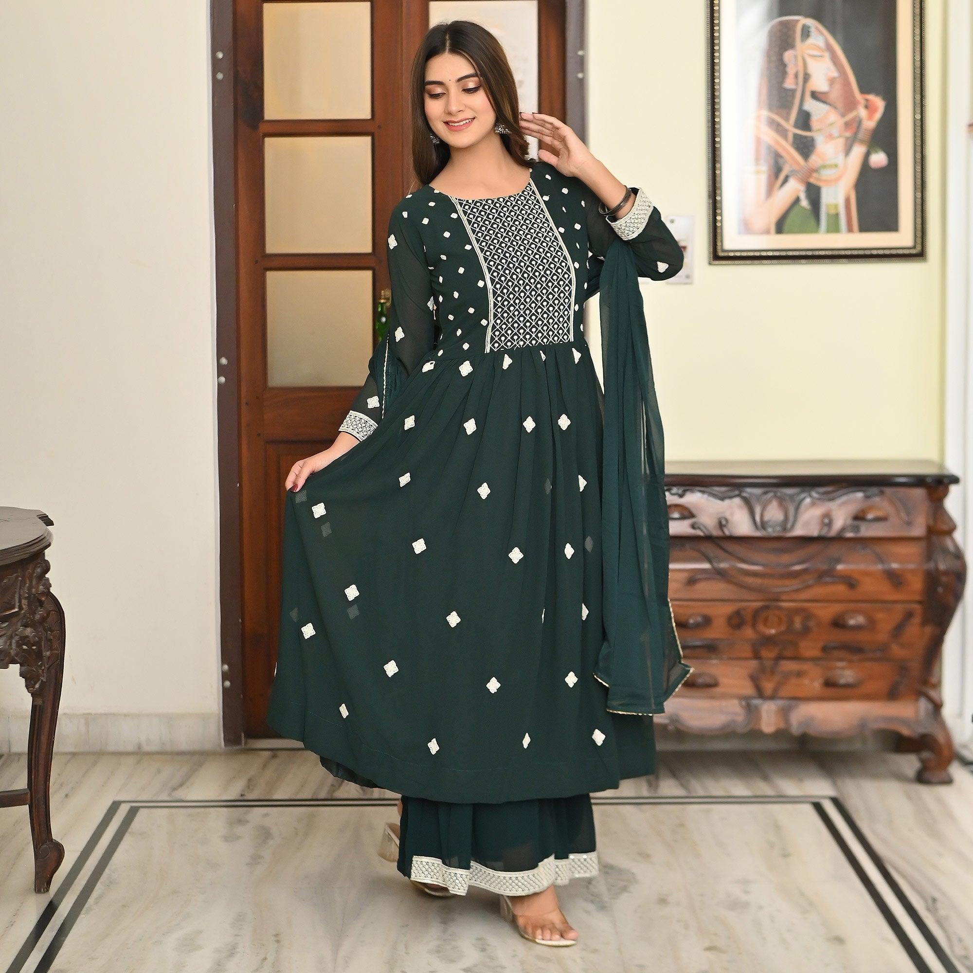Green Embroidered Georgette Sharara Suit - Peachmode