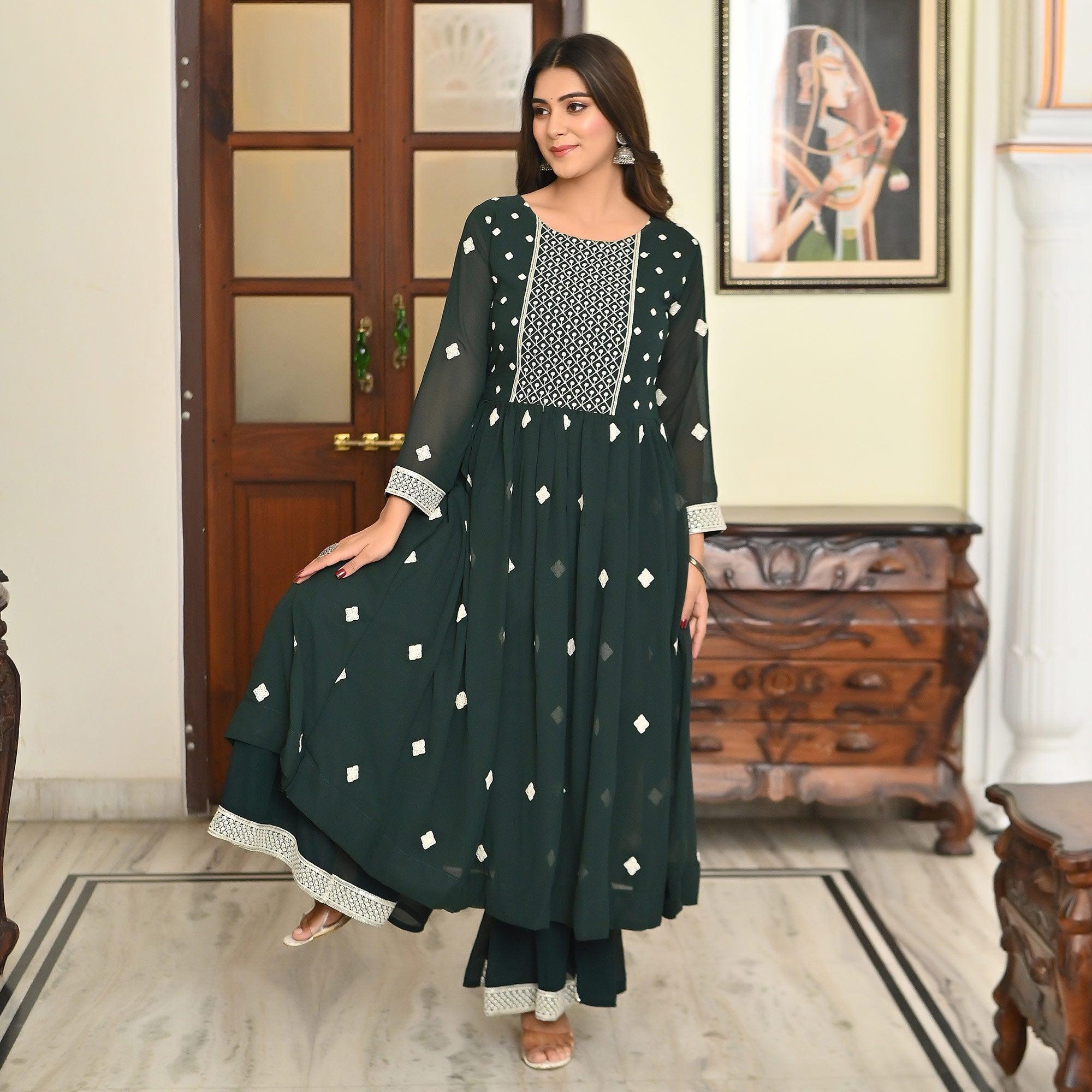 Green Embroidered Georgette Sharara Suit - Peachmode