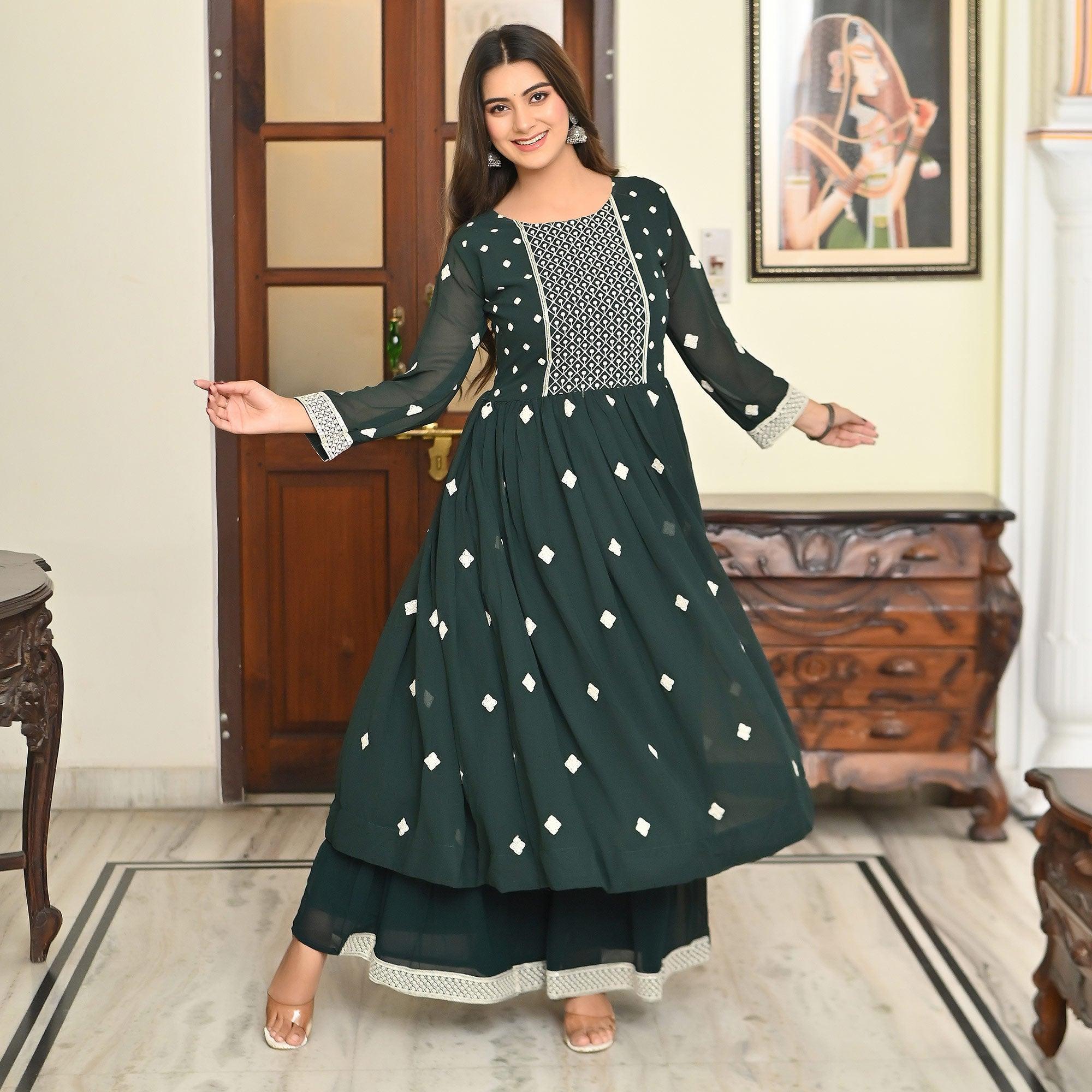 Green Embroidered Georgette Sharara Suit - Peachmode