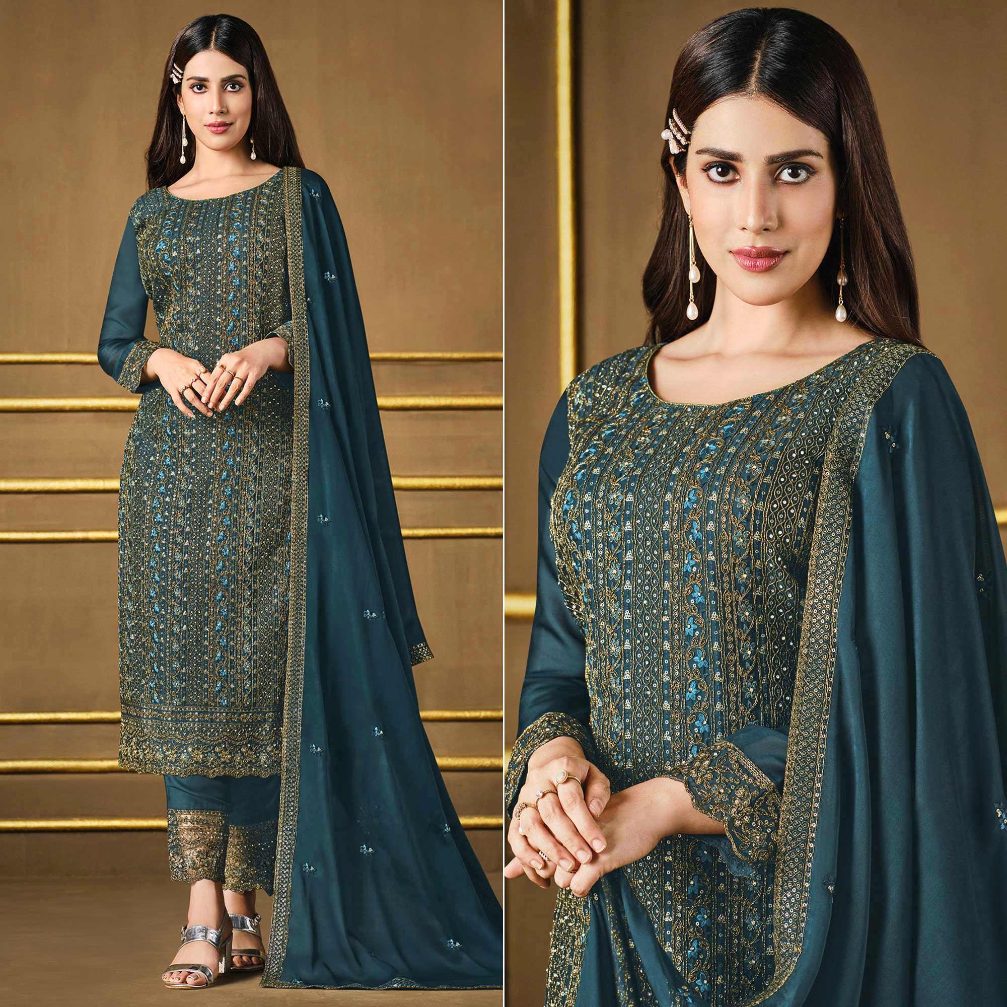 Green Embroidered Georgette Suit - Peachmode