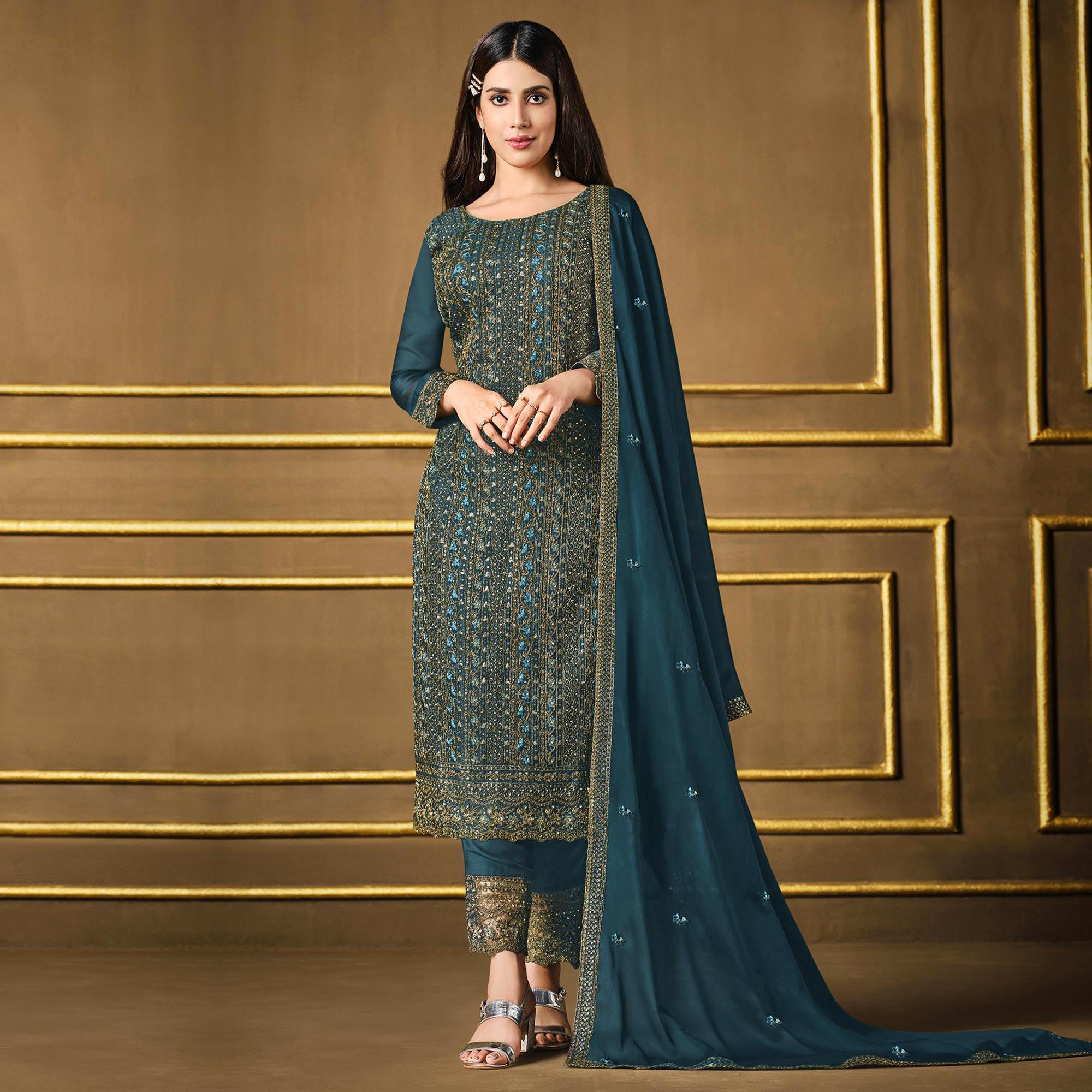 Green Embroidered Georgette Suit - Peachmode