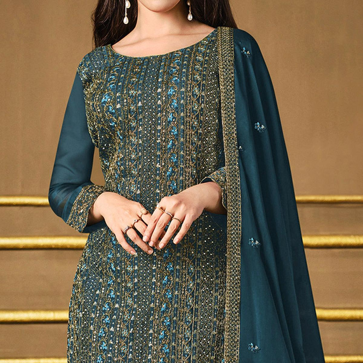 Green Embroidered Georgette Suit - Peachmode