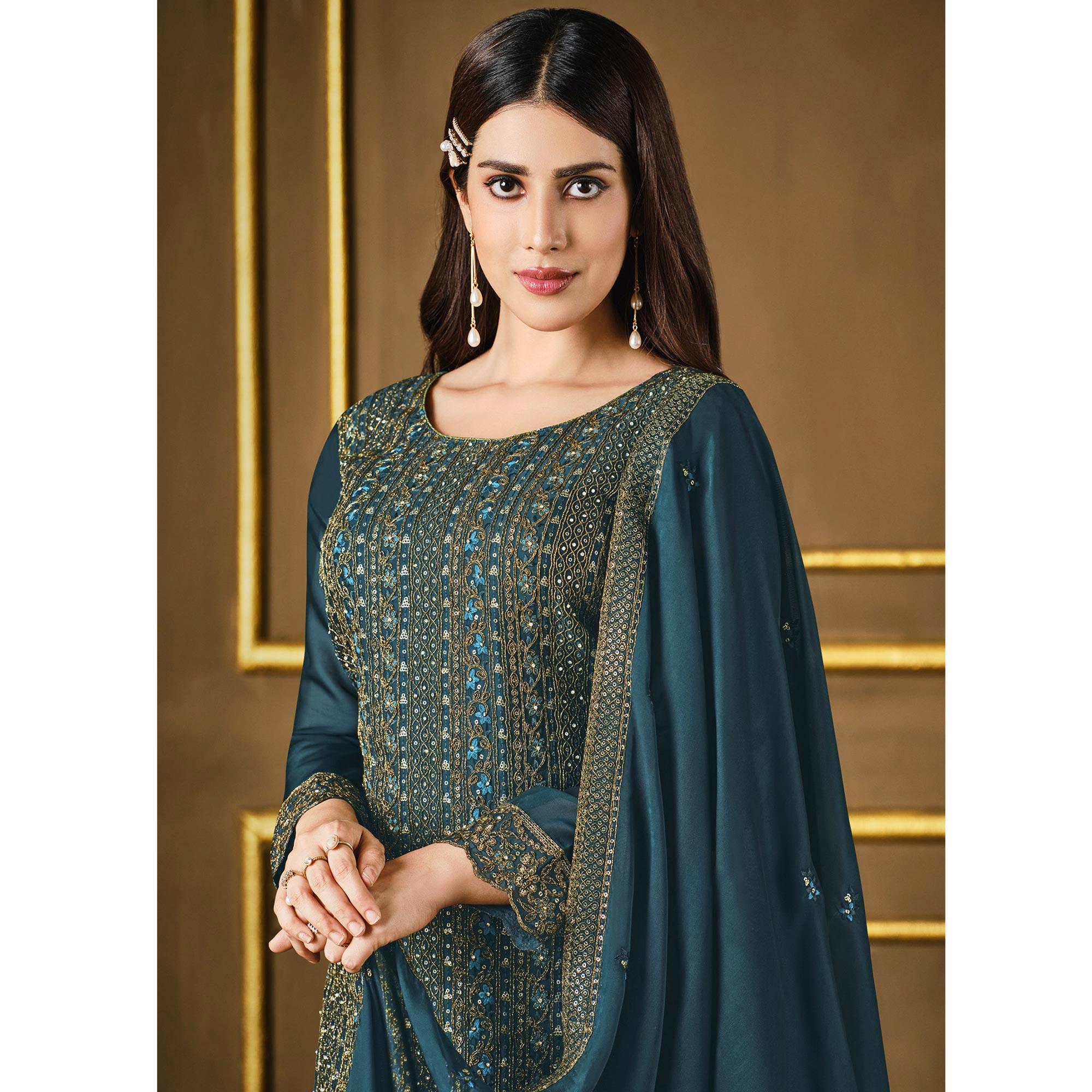Green Embroidered Georgette Suit - Peachmode