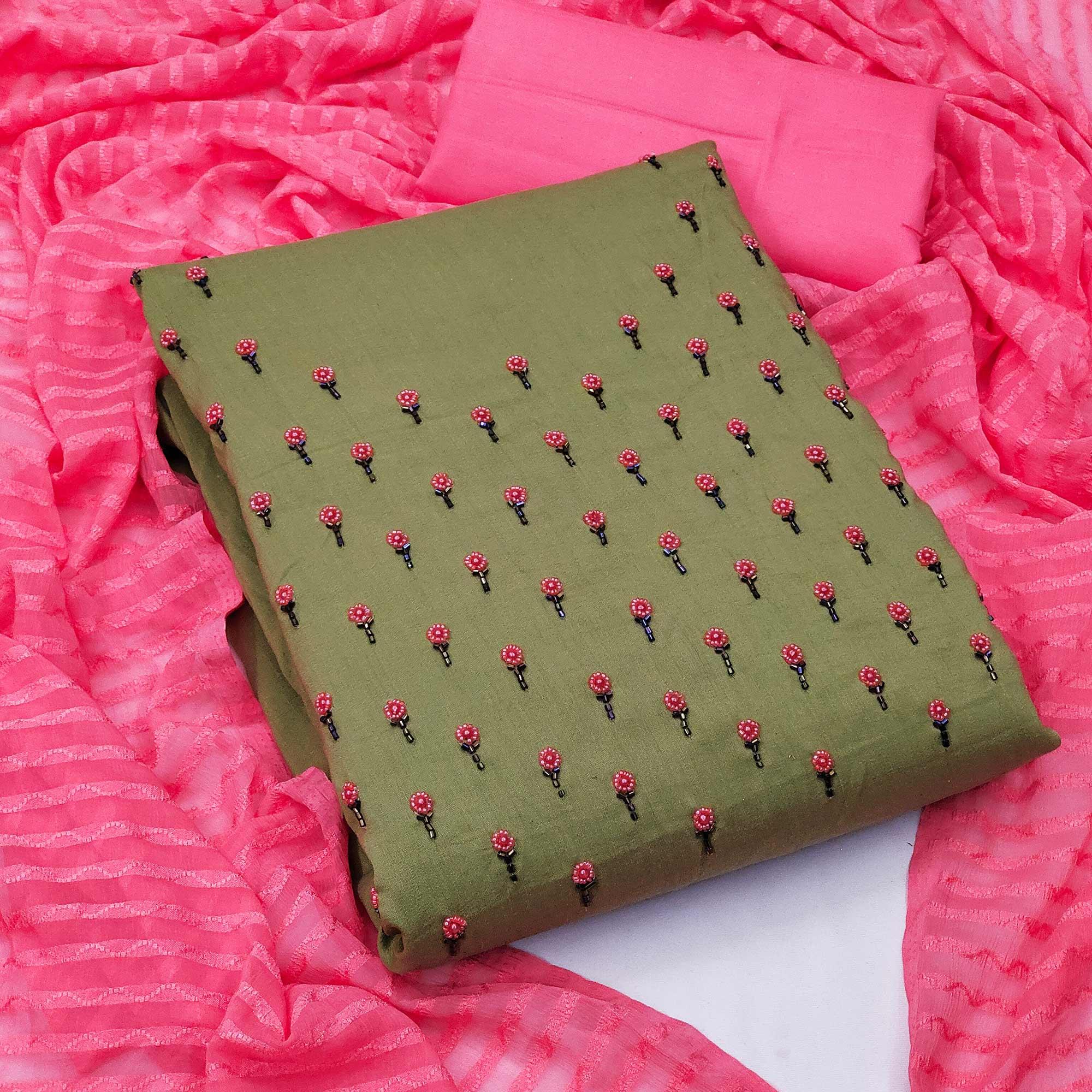 Green Embroidered Handwork Pure Cotton Dress Material - Peachmode