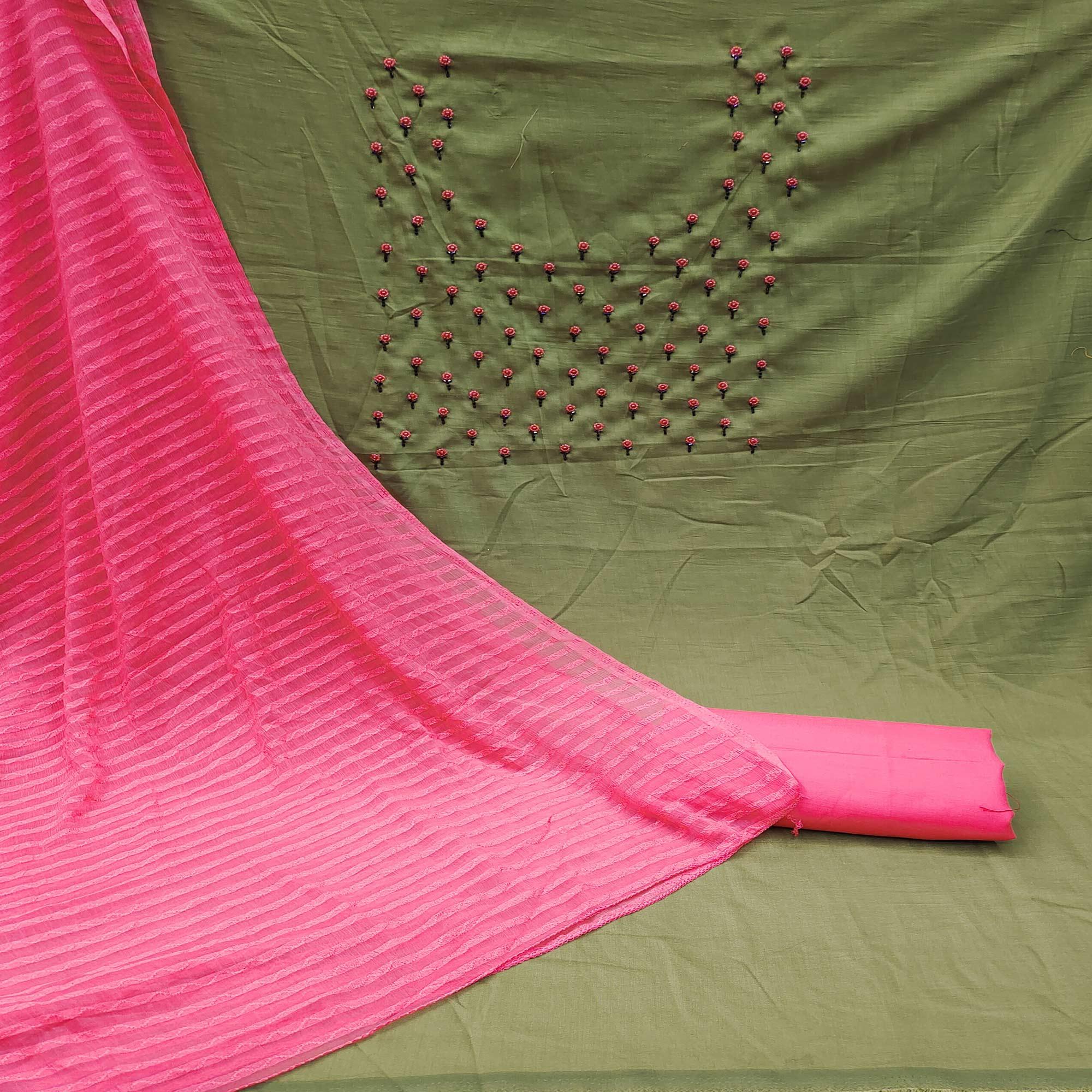 Green Embroidered Handwork Pure Cotton Dress Material - Peachmode