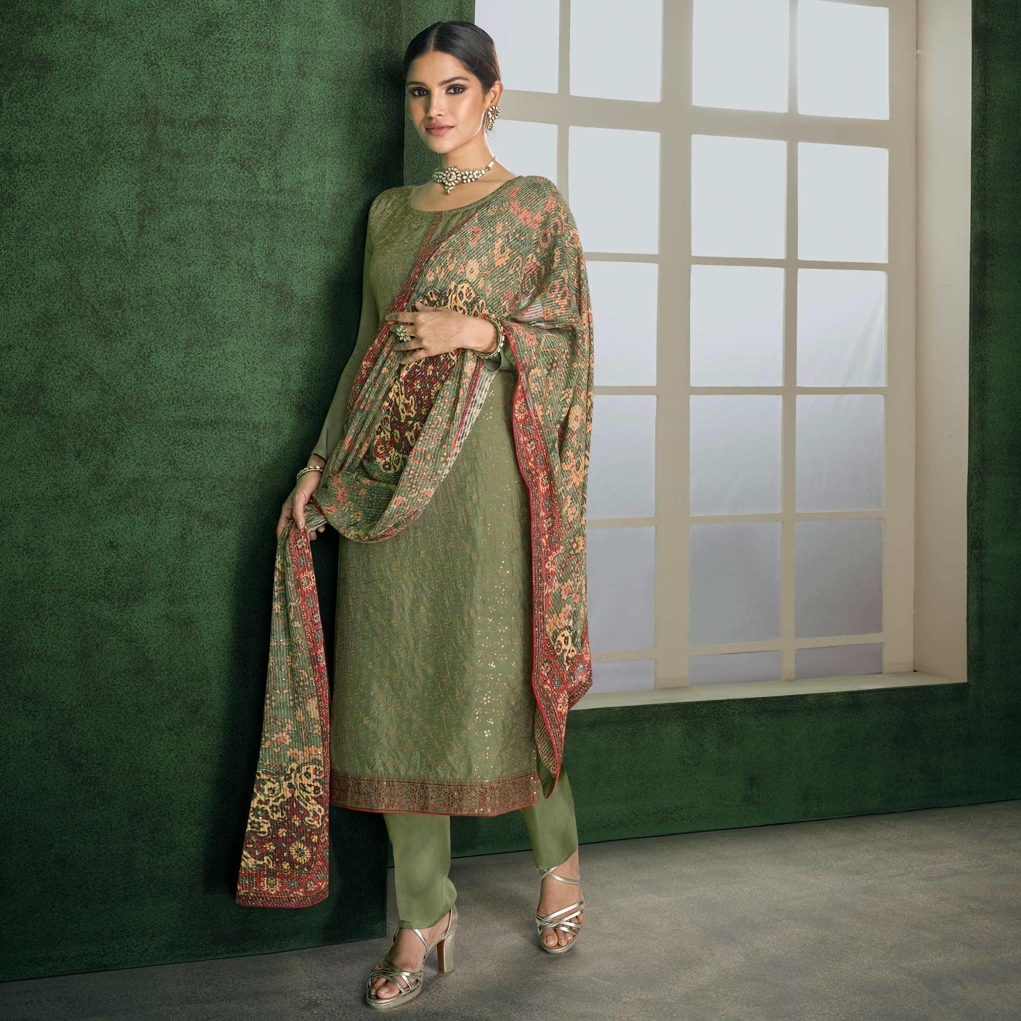 Green Embroidered Heavy Faux Georgette Partywear Suit - Peachmode