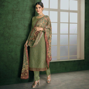 Green Embroidered Heavy Faux Georgette Partywear Suit - Peachmode
