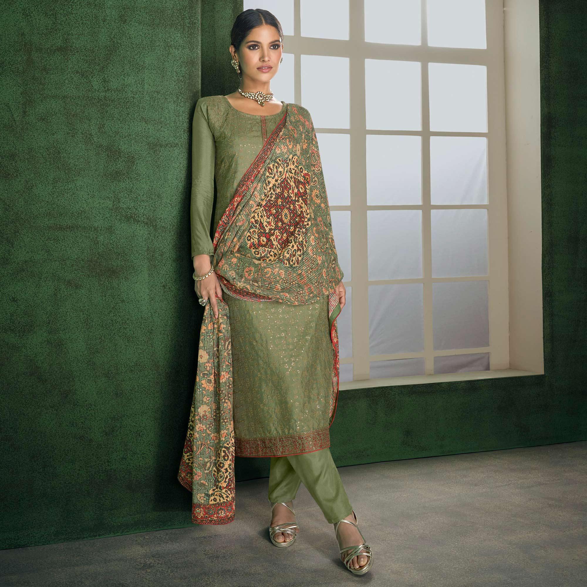 Green Embroidered Heavy Faux Georgette Partywear Suit - Peachmode