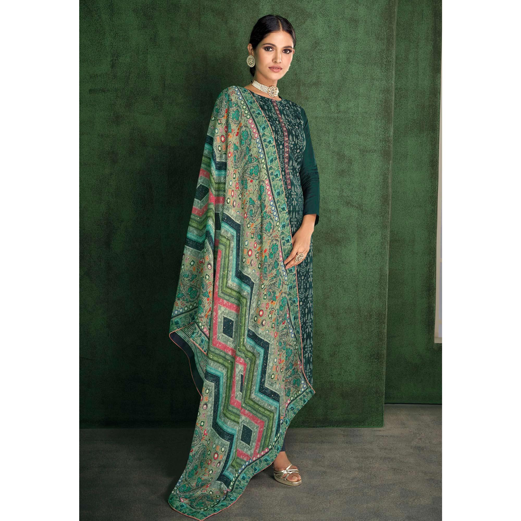 Green Embroidered Heavy Faux Georgette Partywear Suit - Peachmode
